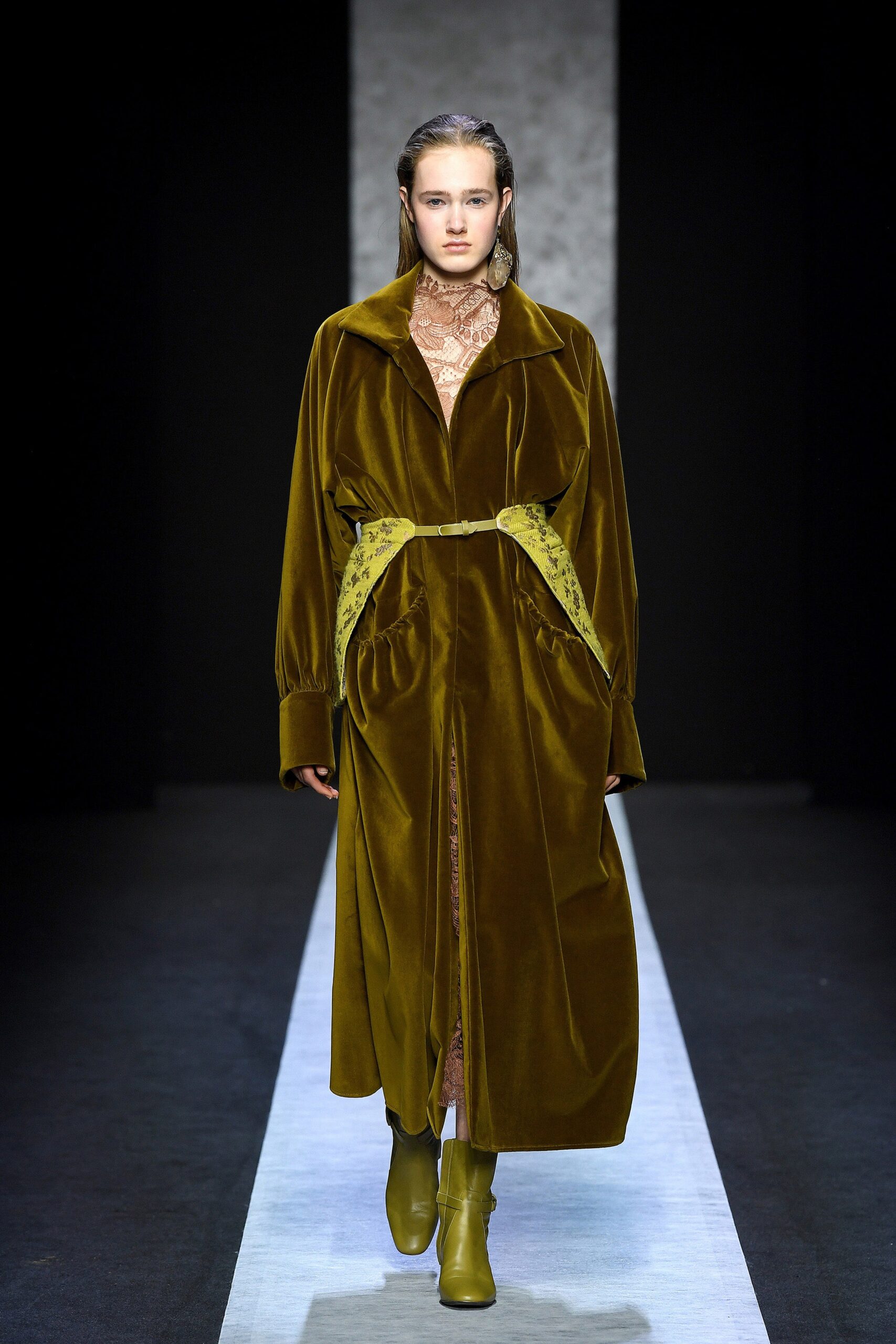green velvet relaxed coat and brown lace dress