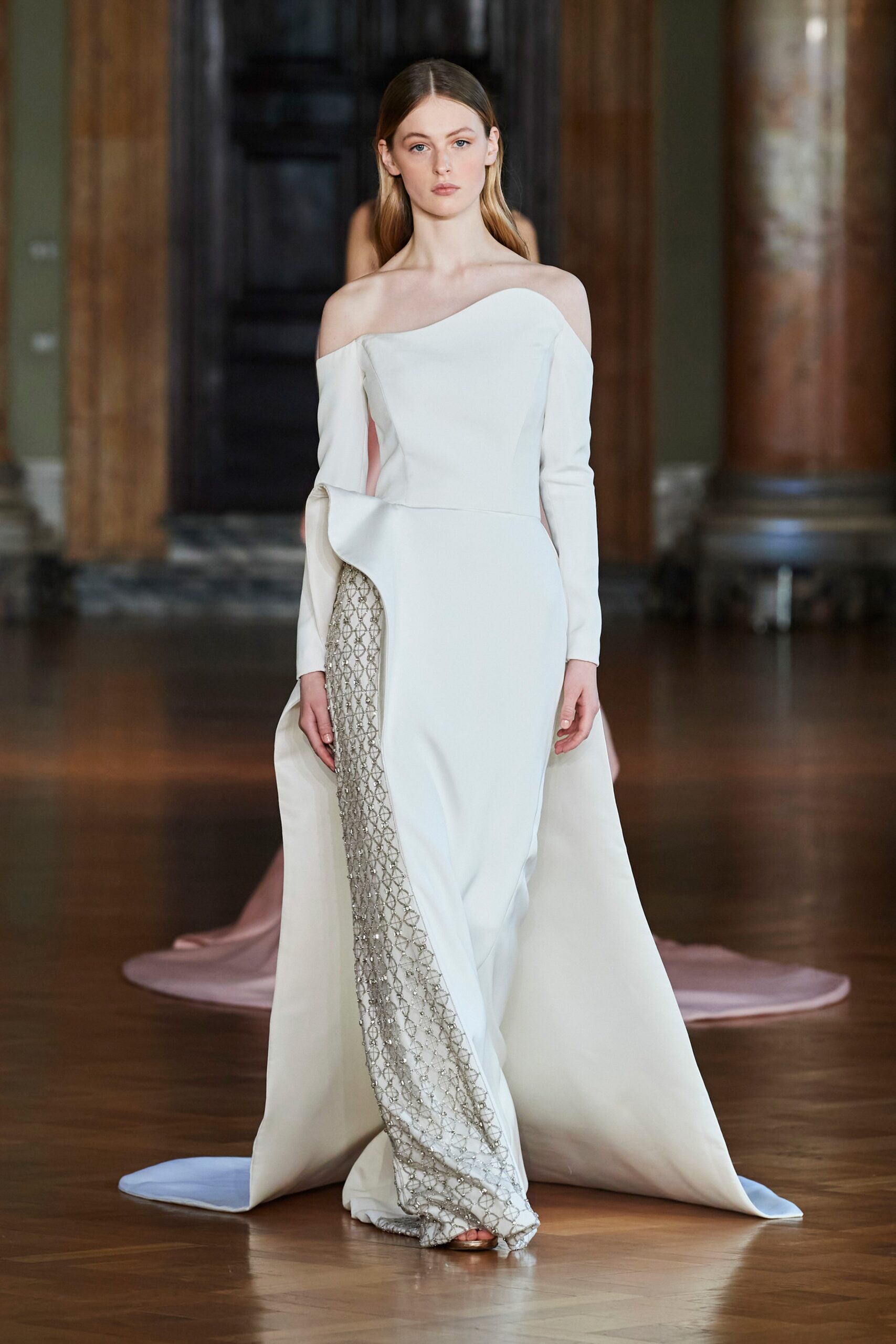 white silk off-shoulder gown