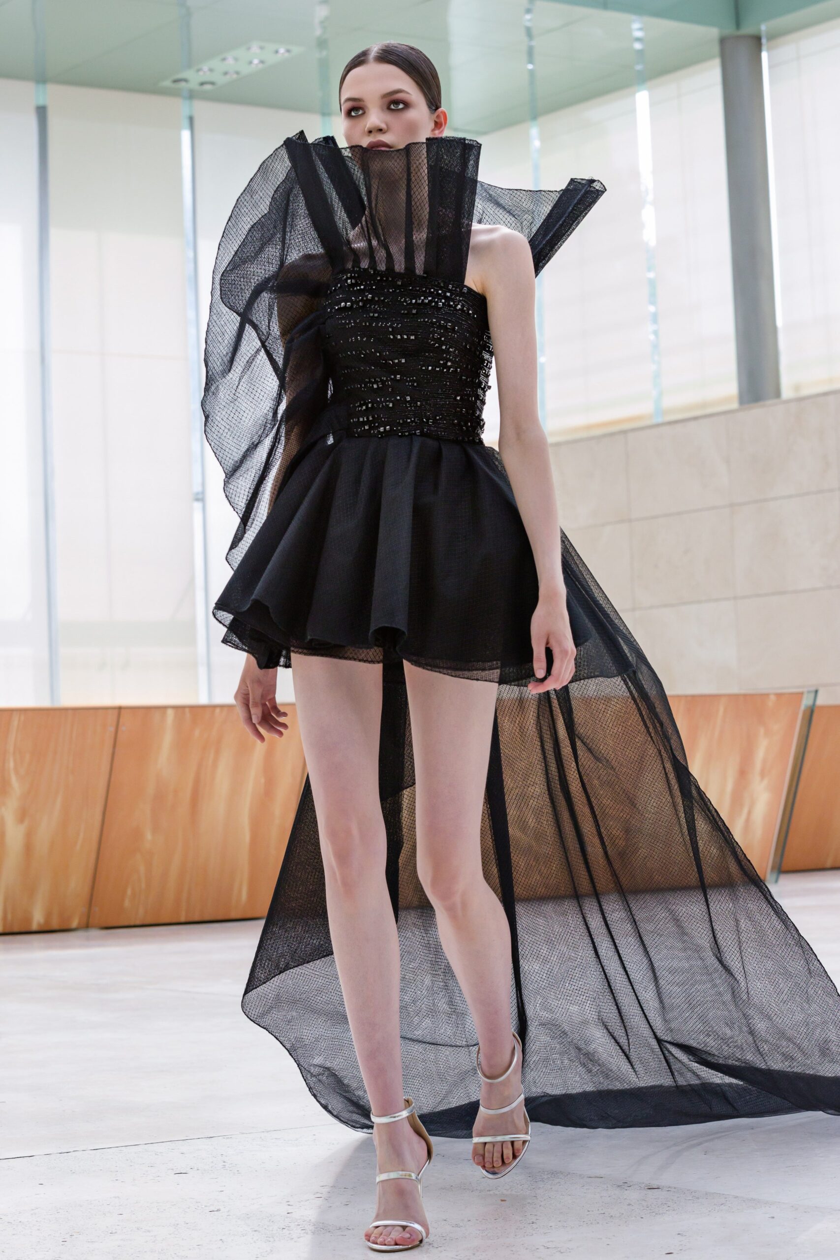 black mesh off-shoulder dress