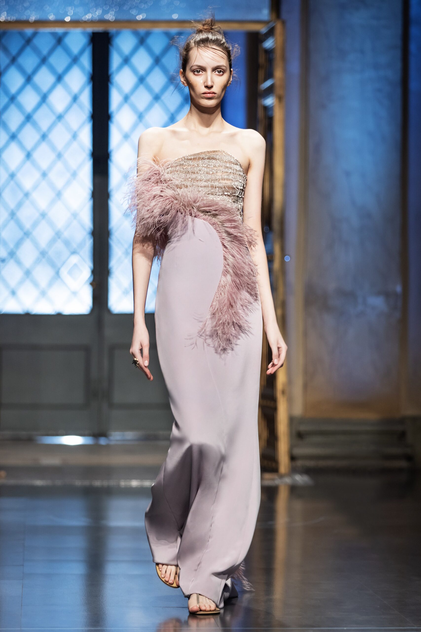 pink gray silk off-shoulder gown