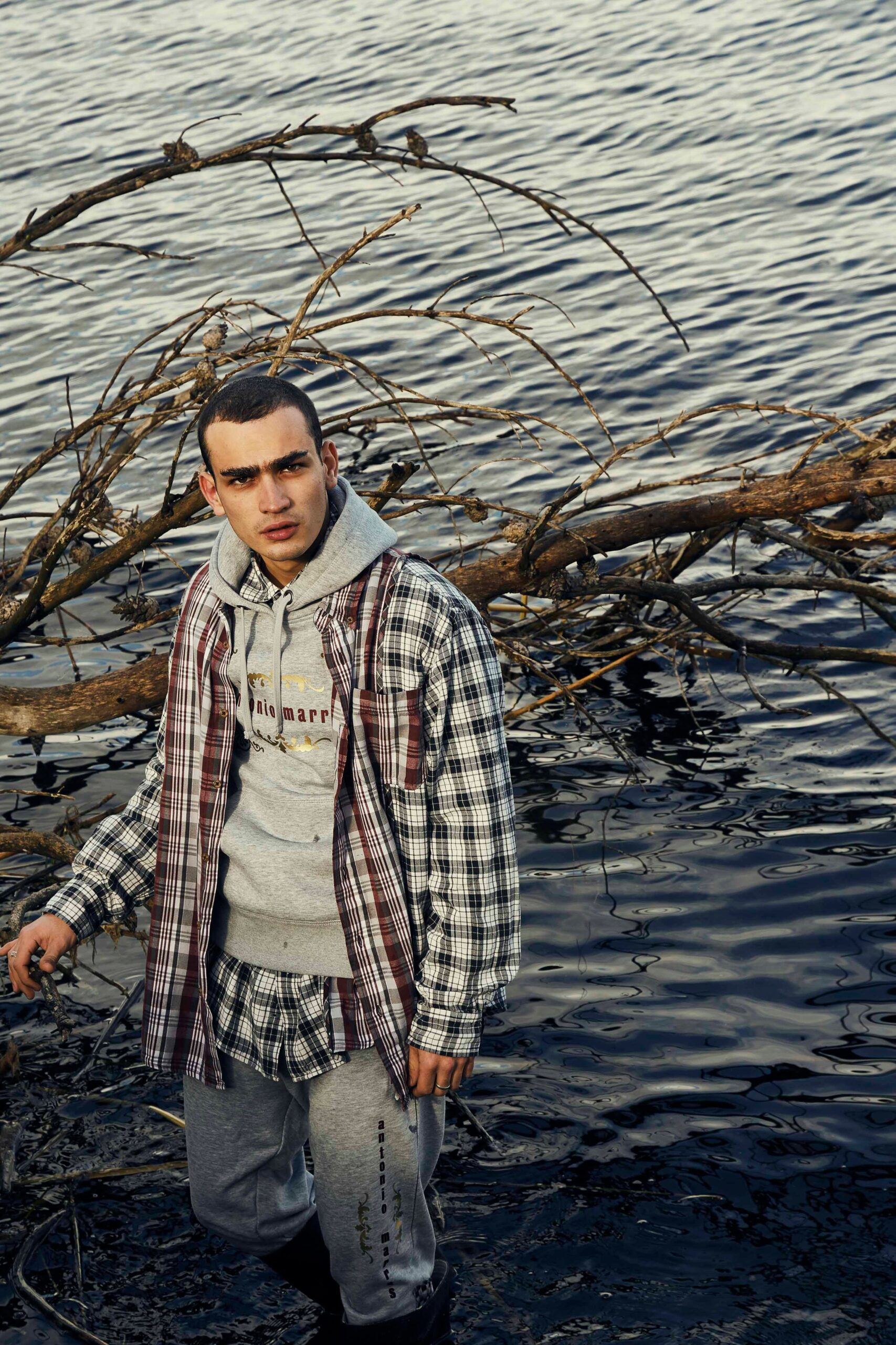 gray hoodie with checked shirt