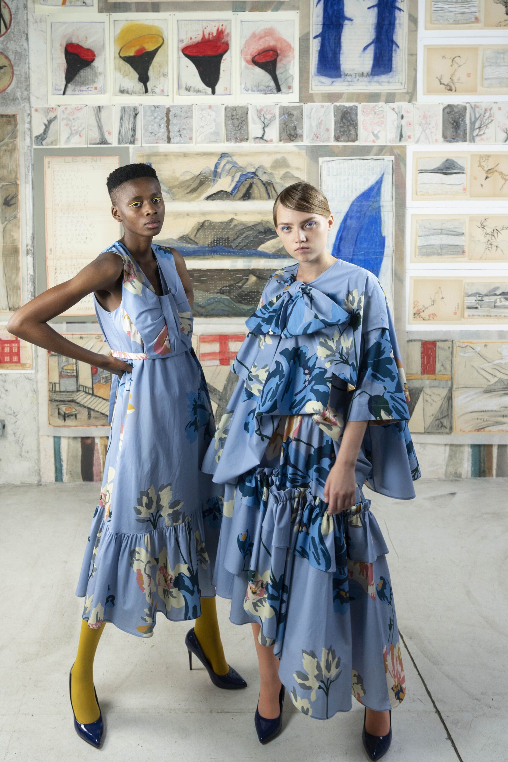 blue floral midi dress and cape