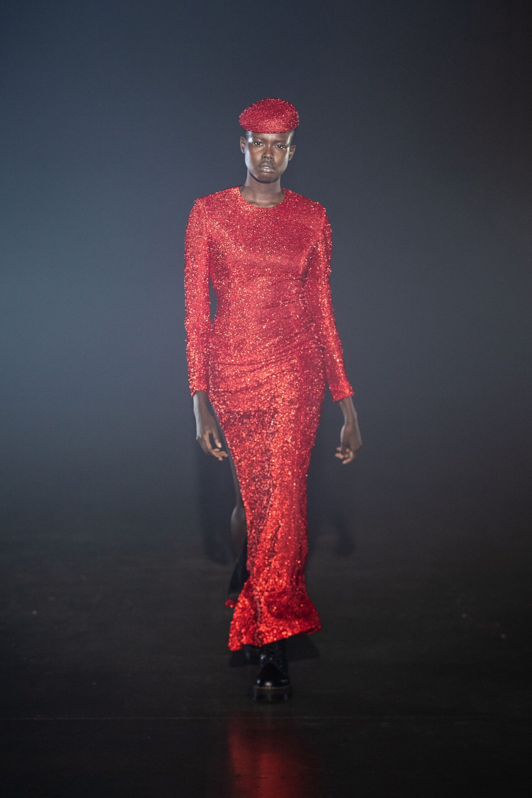 fitted red sequin gown