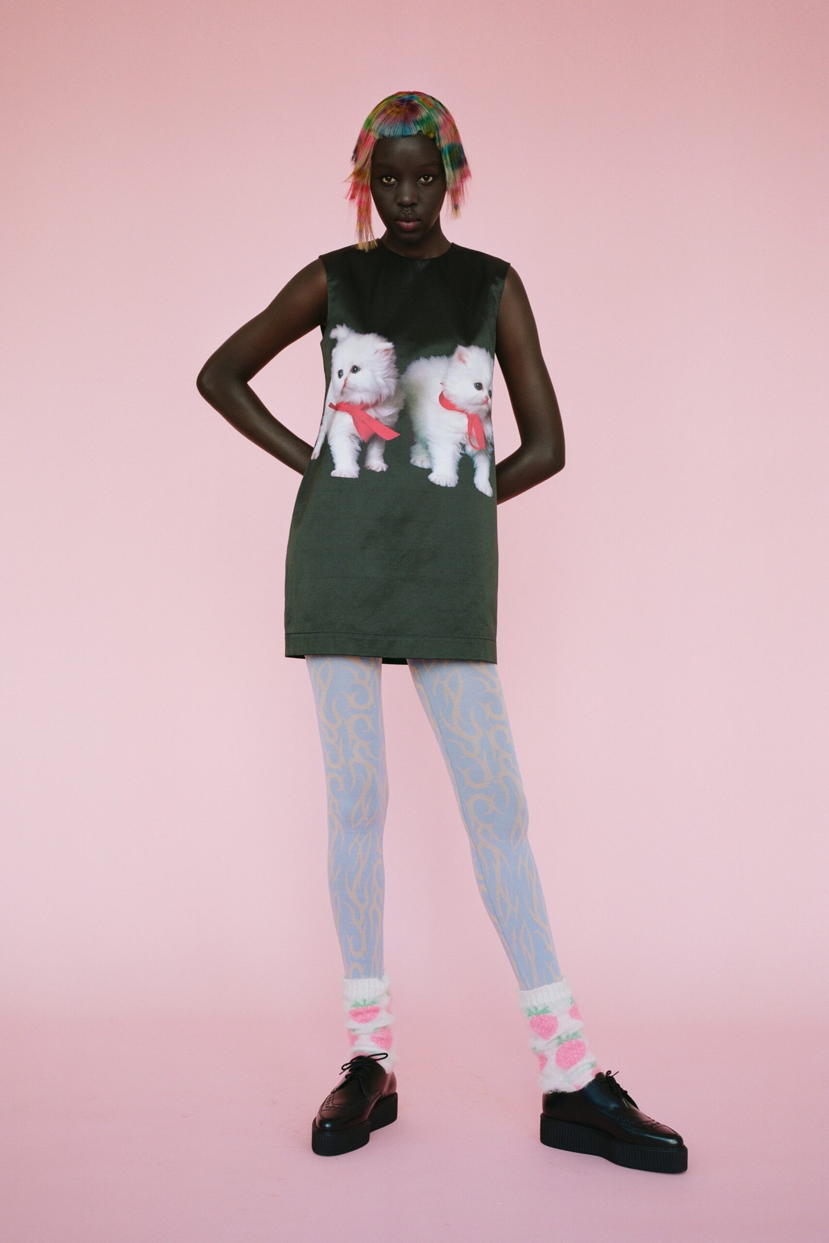 green printed mini dress with leggings