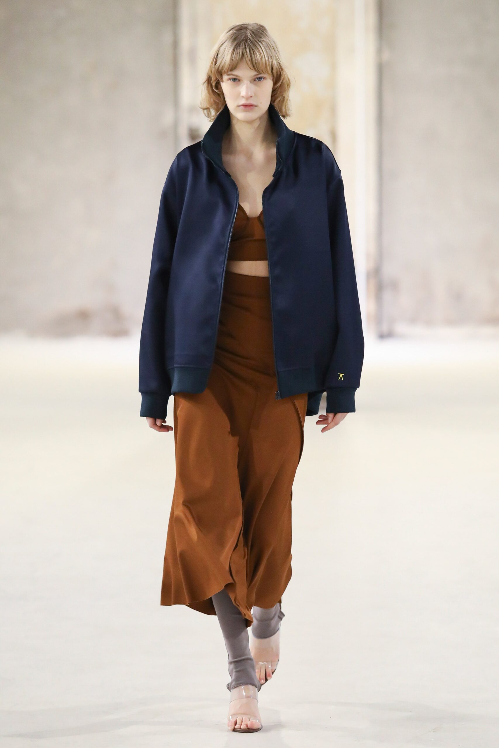 brown silk fitted a-line midi skirt
