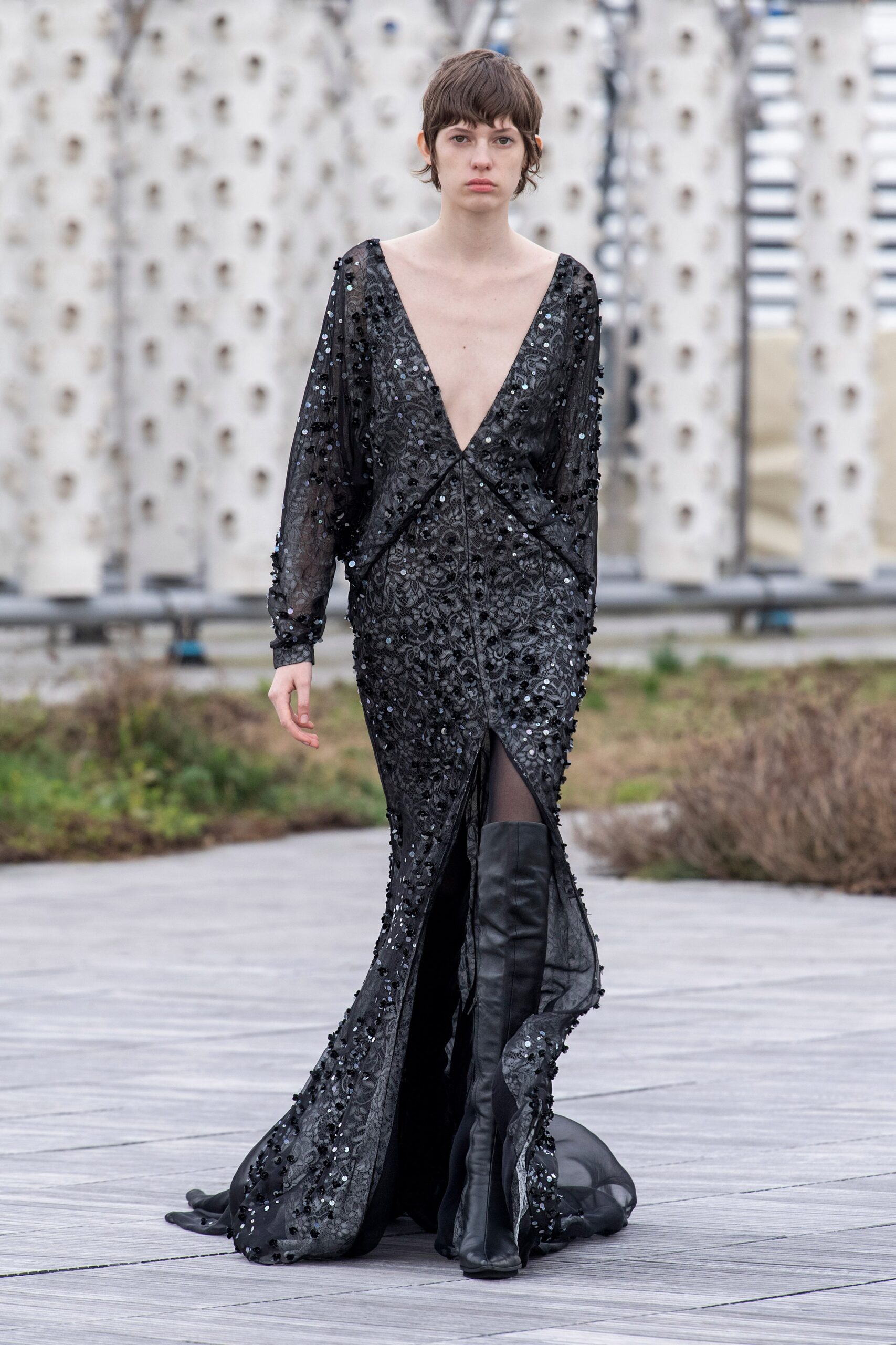 black sequined long-sleeve gown