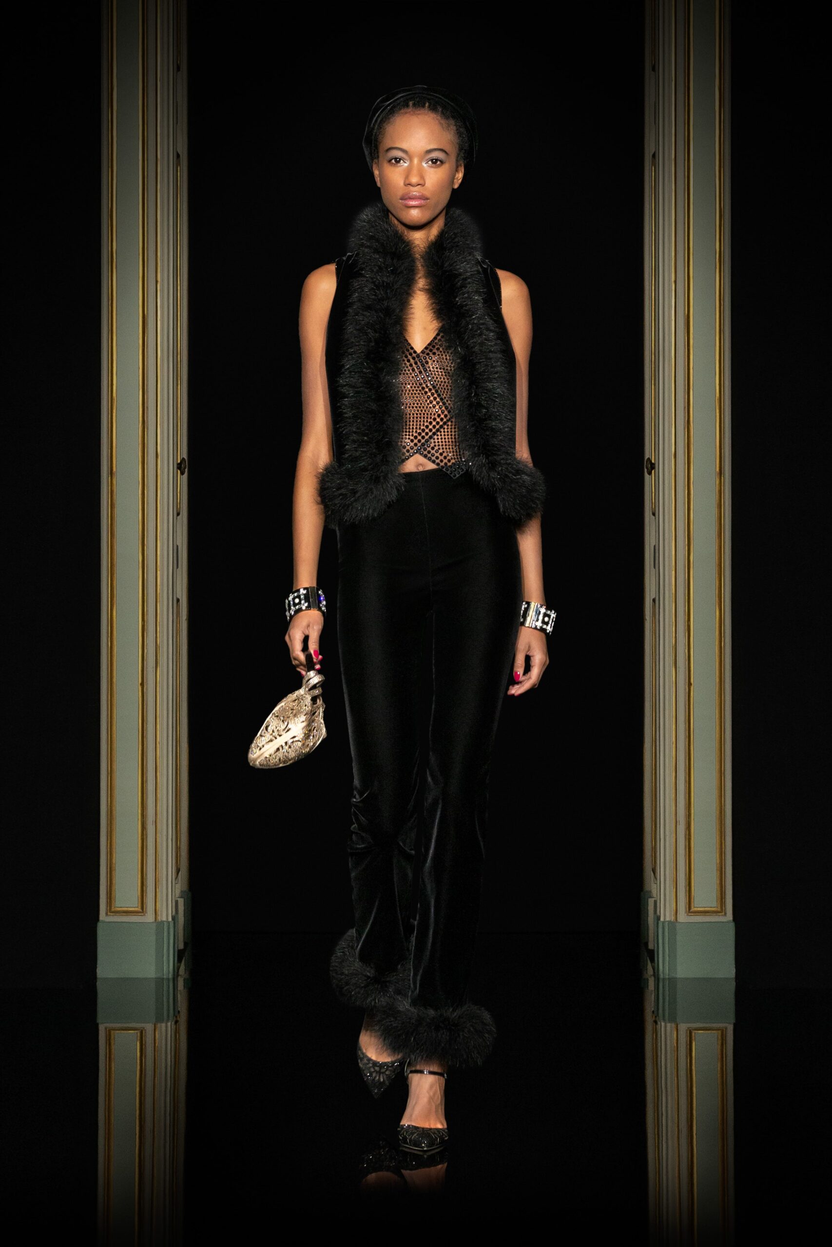 black velvet fitted pants with mesh top