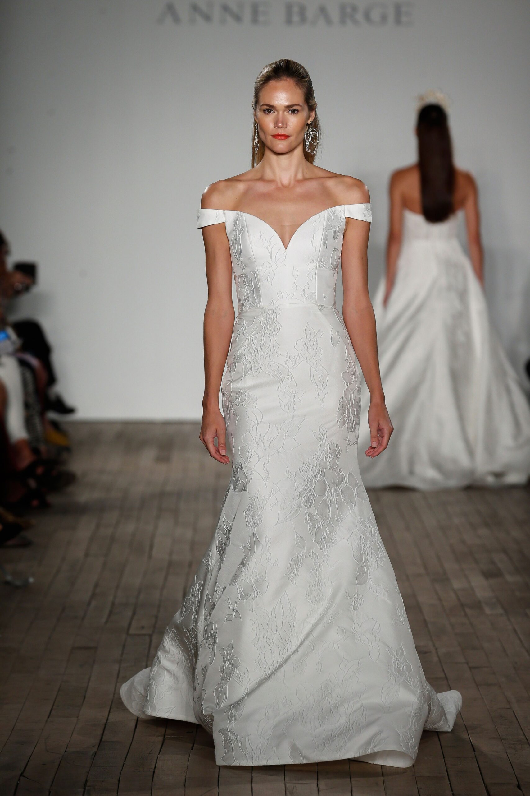 white silk off-shoulder gown