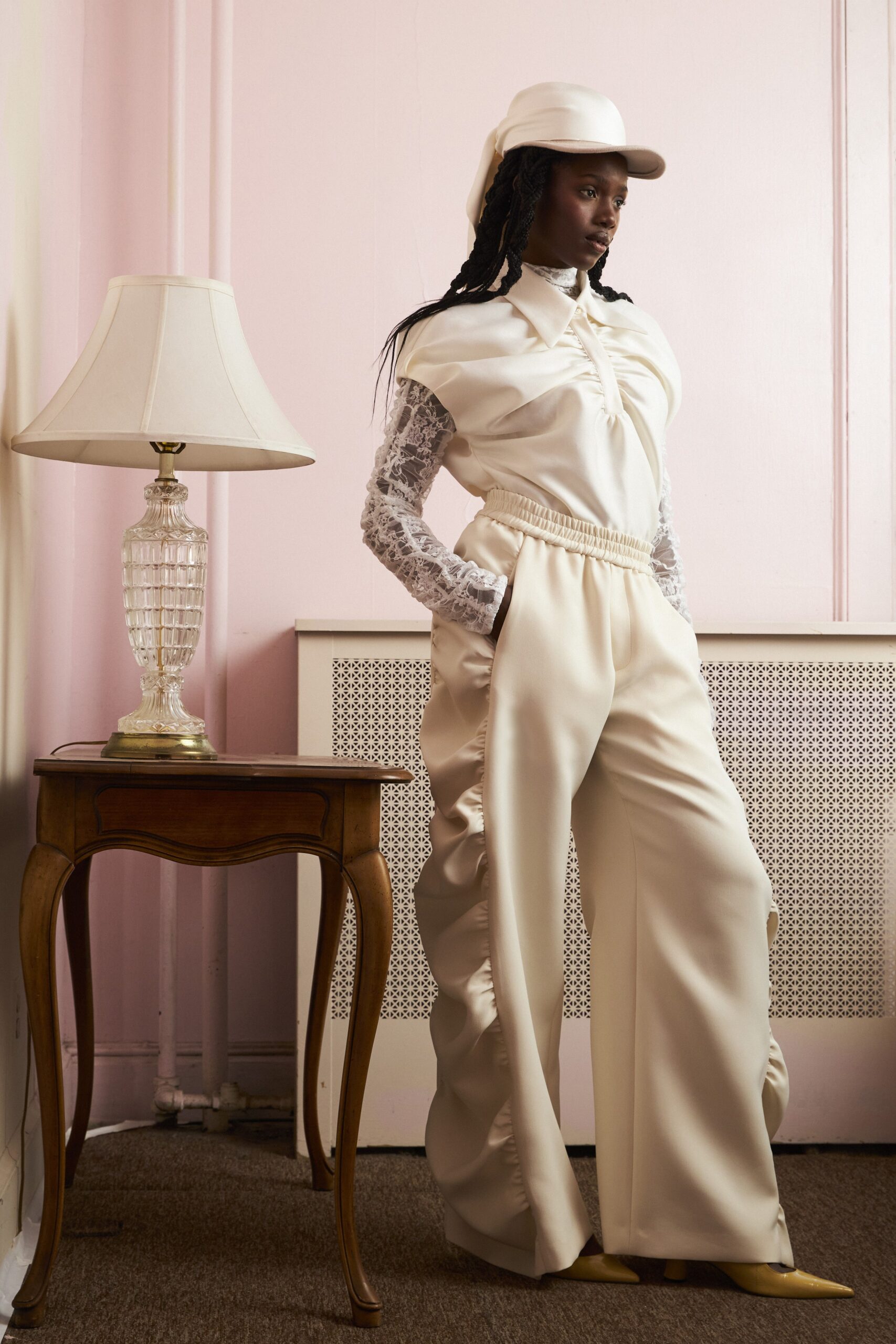 white silk top and pants