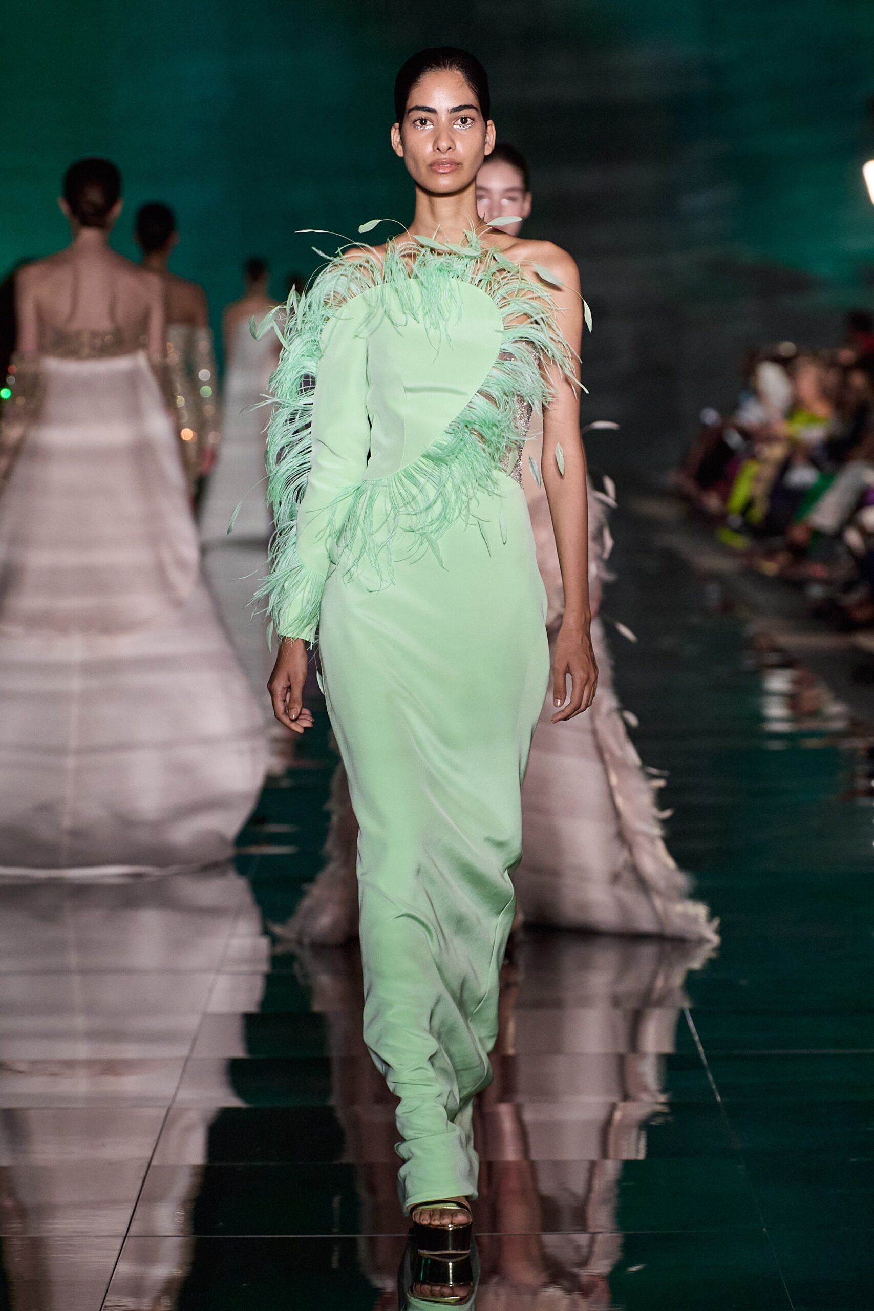 fitted green silk gown