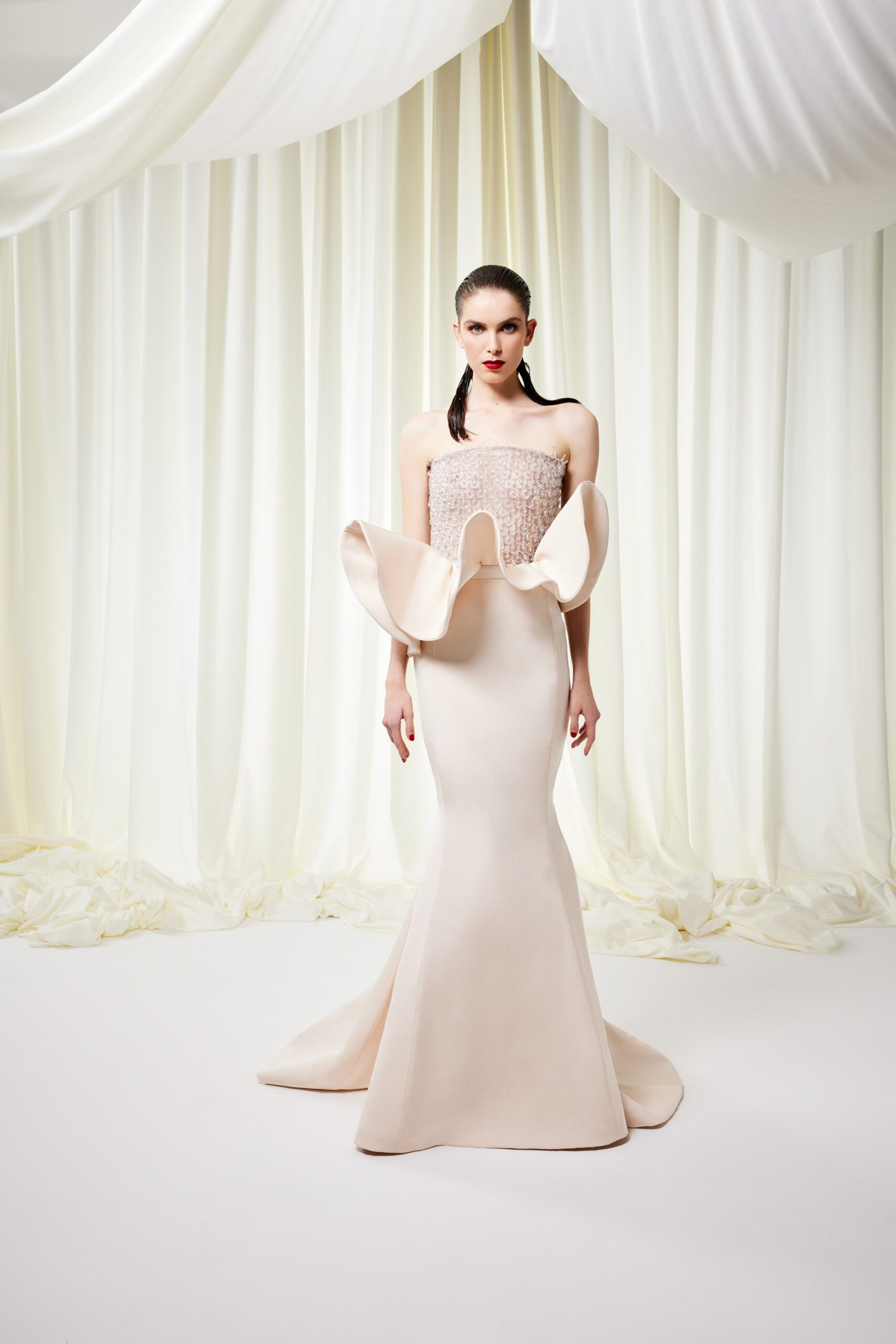 beige silk off-shoulder gown