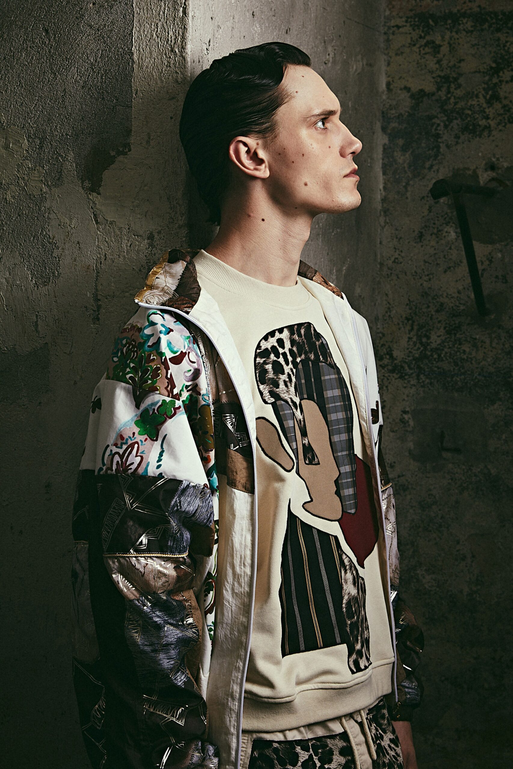 multi-colored relaxed jacket with printed sweater and pants