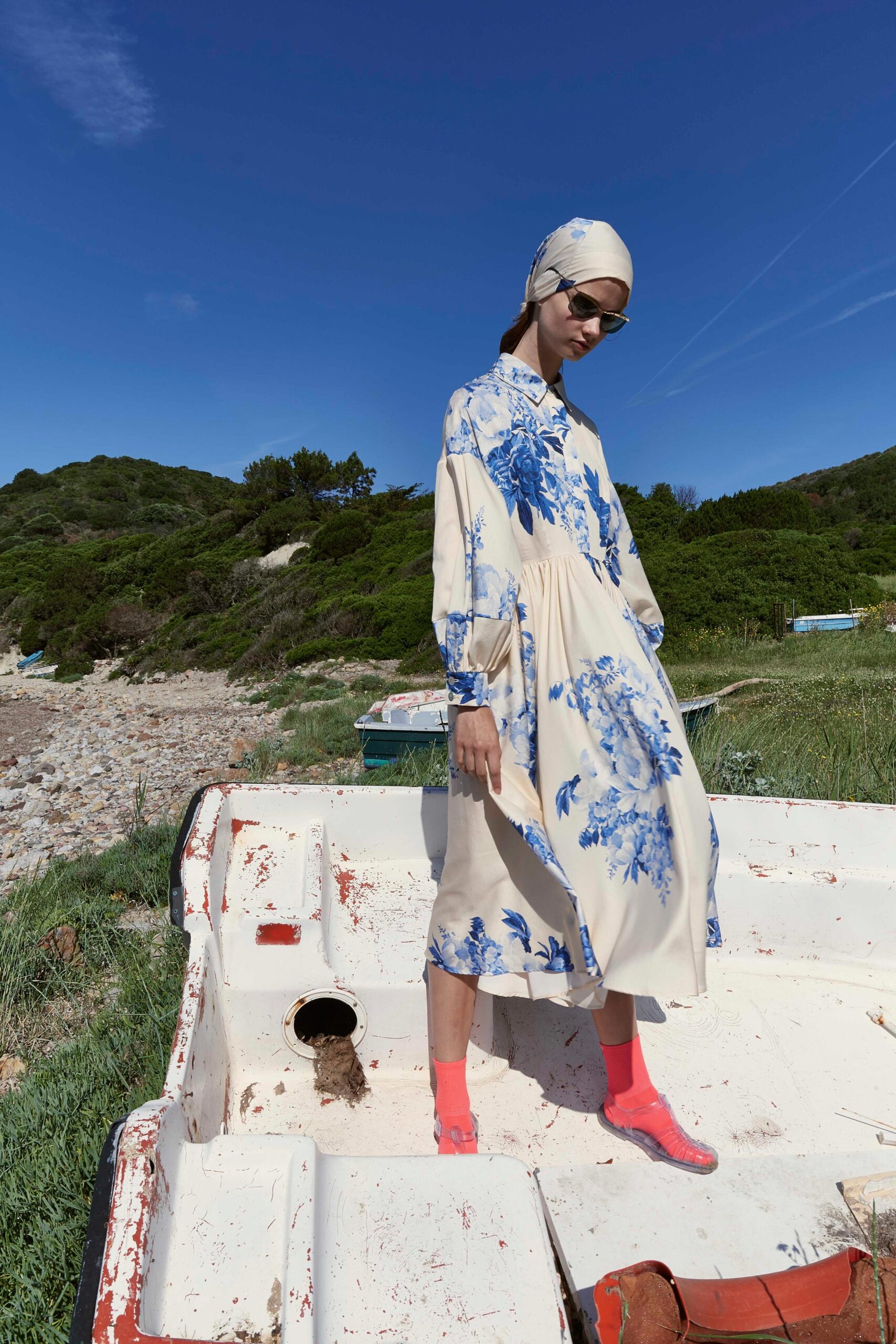 beige and blue printed midi dress