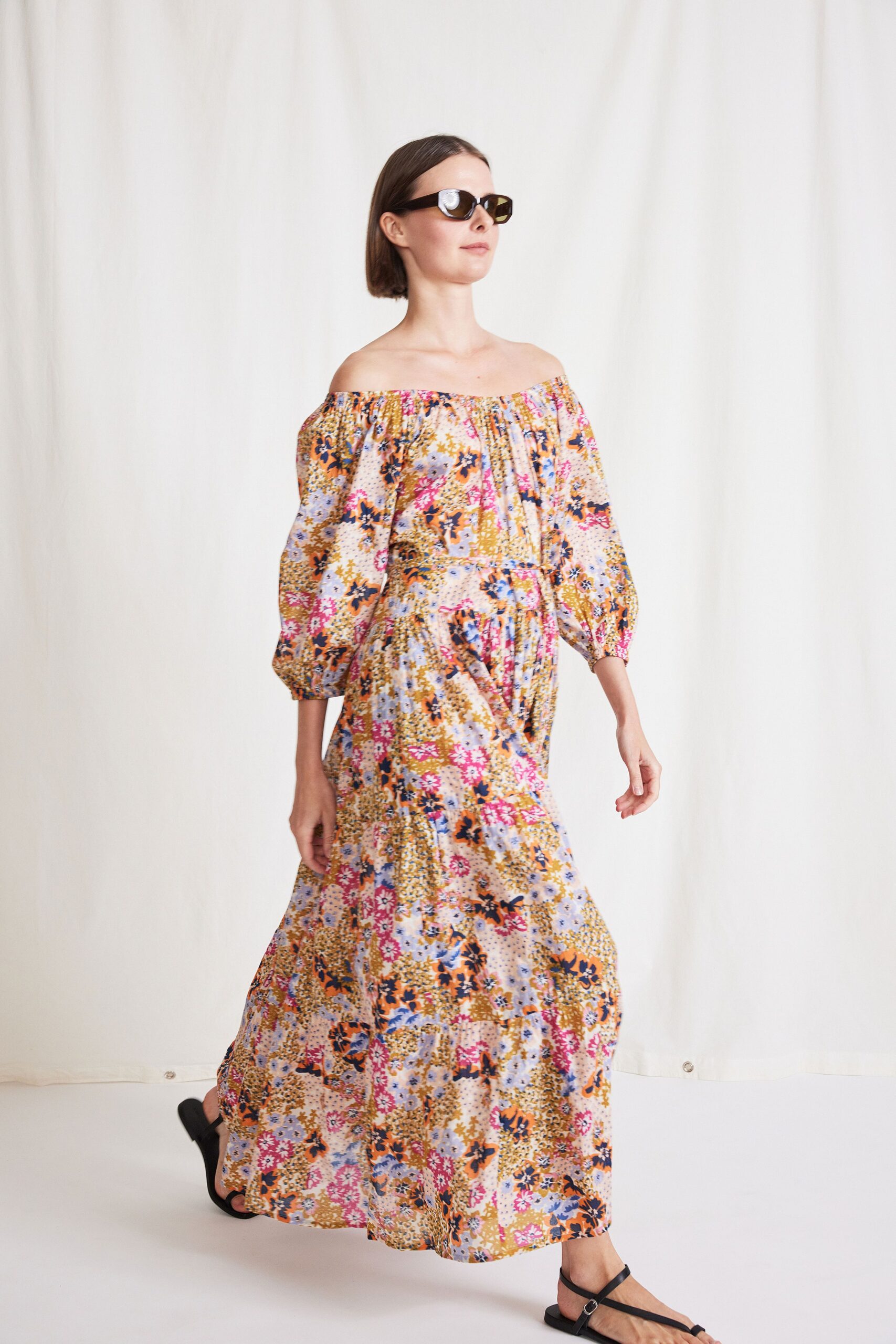 multi-colored off-shoulder maxi dress