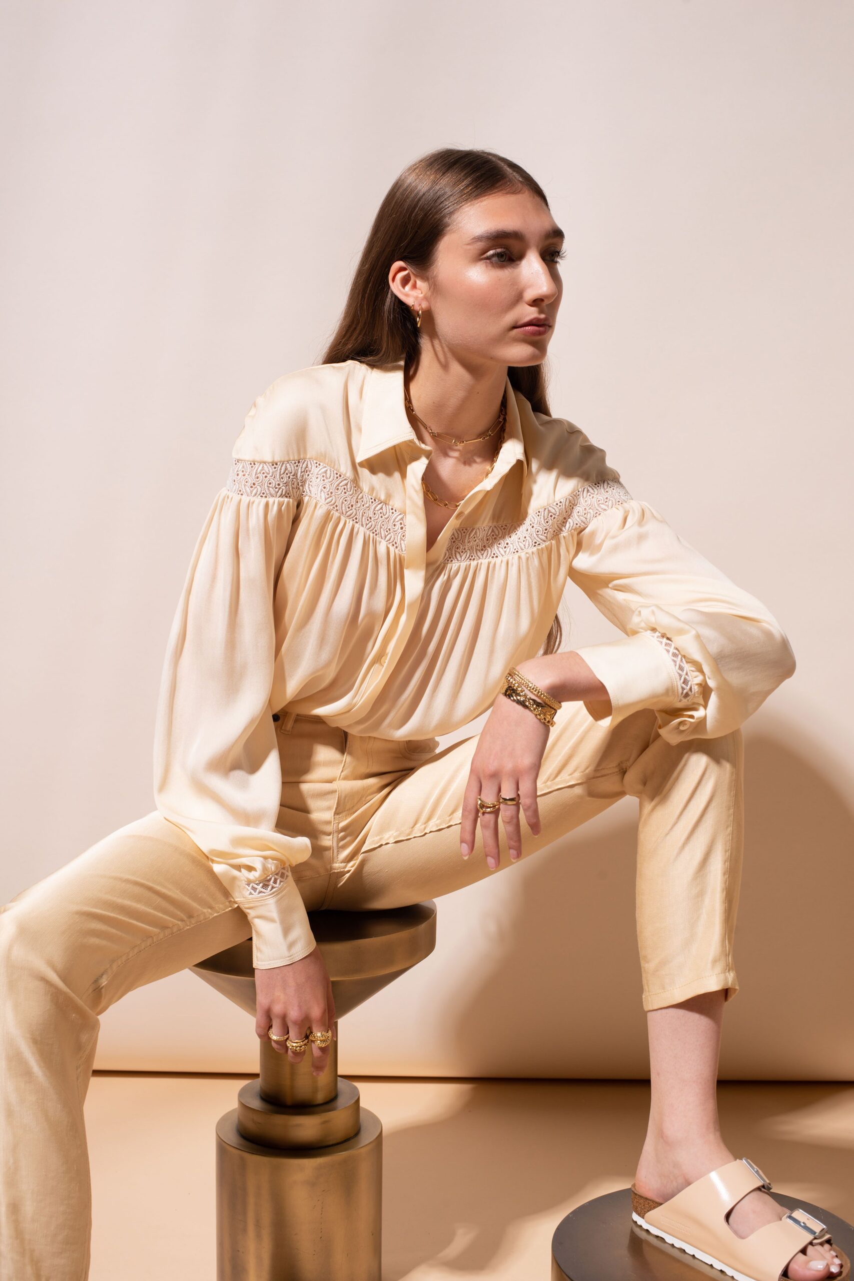 beige silk shirt and pants