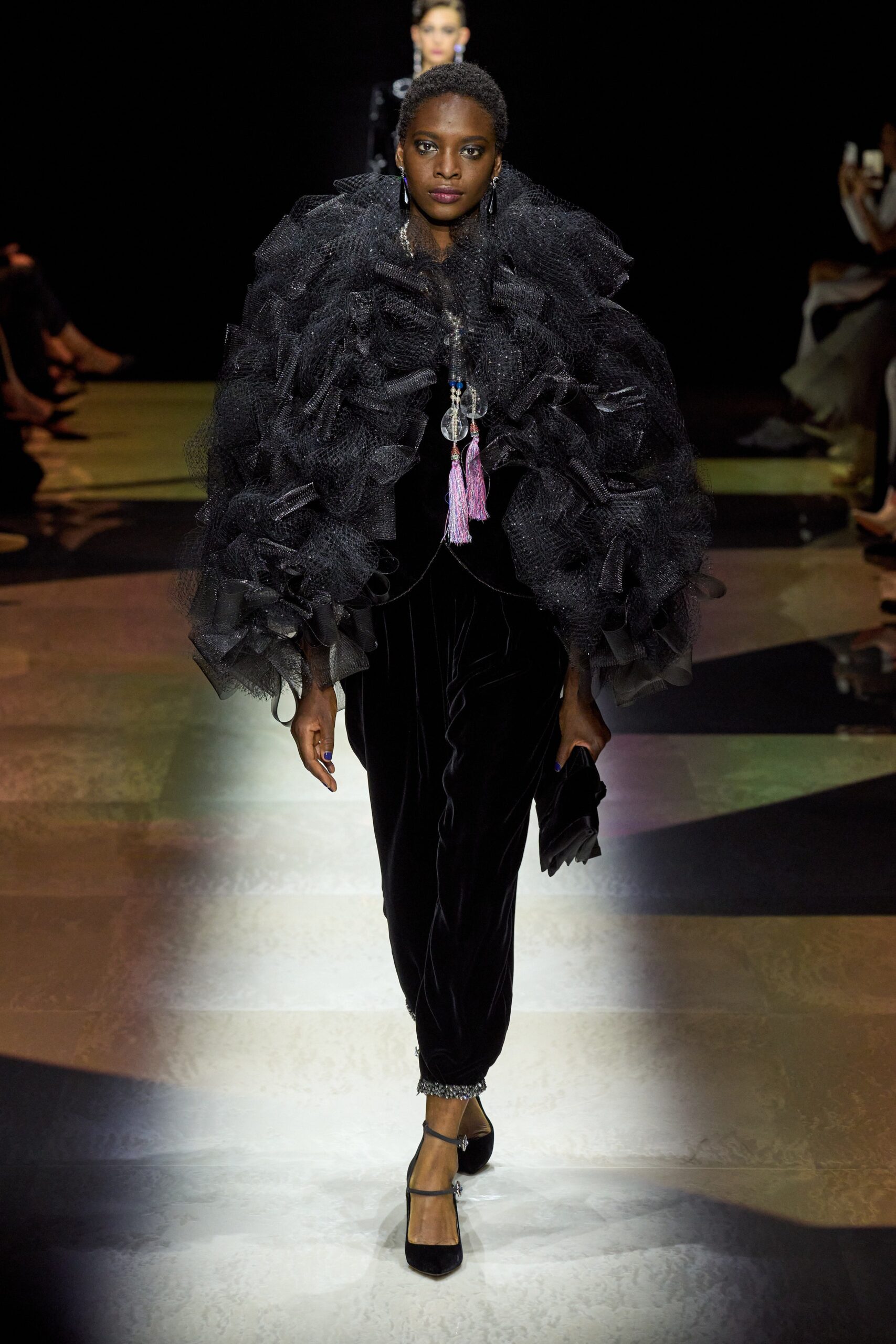 black velvet fitted dress with ruffled cape