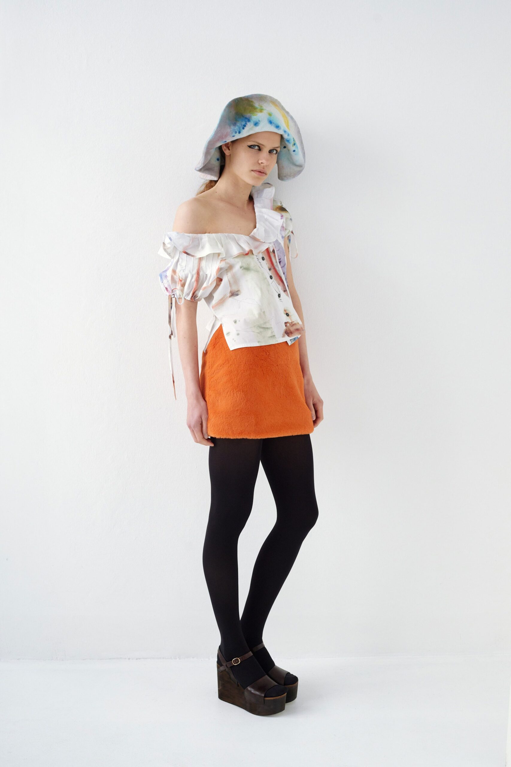 orange cotton fitted straight-leg short skirt