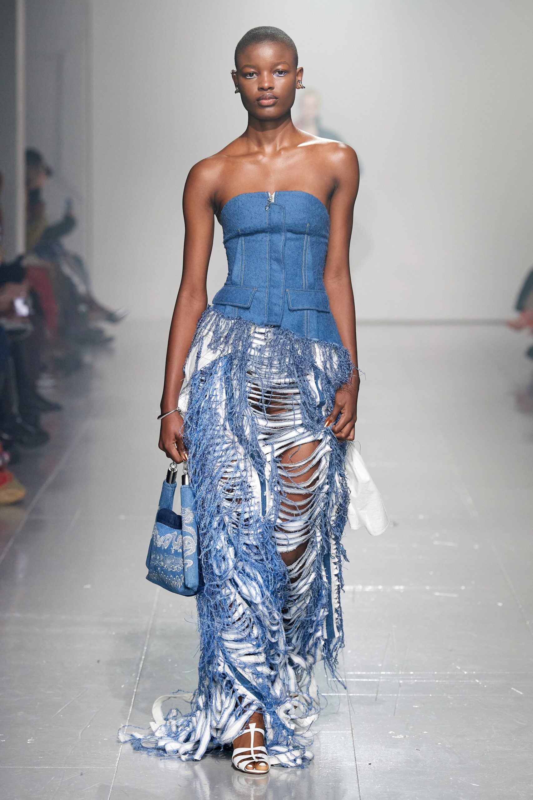 blue denim strapless dress