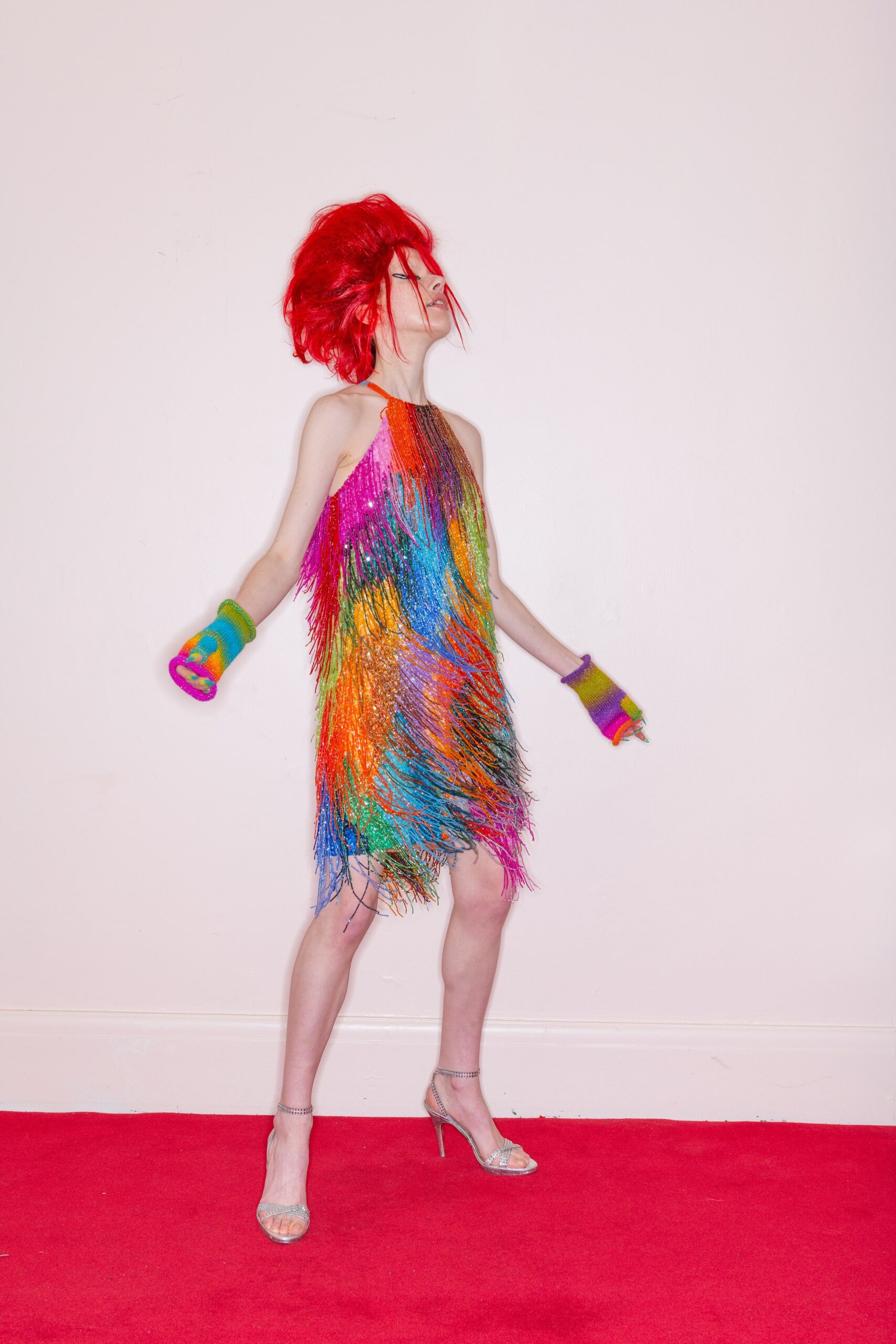 multi sleeveless halter fitted sequined fringed shiny dress