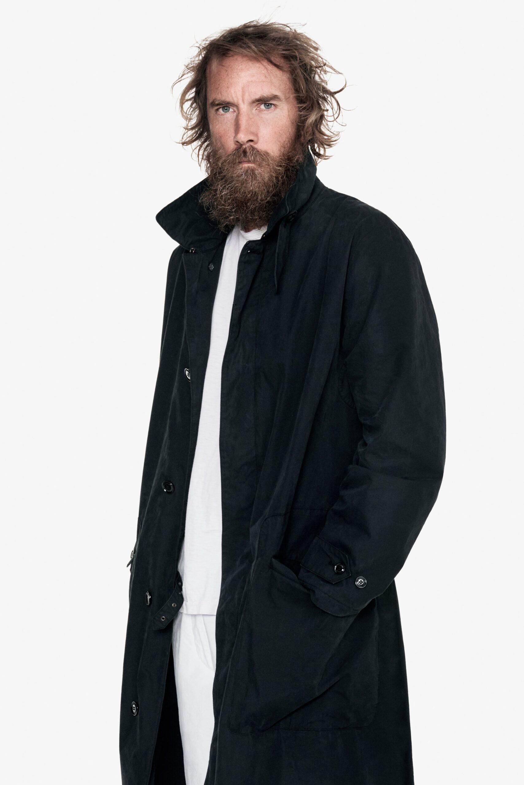 black coat with white t-shirt