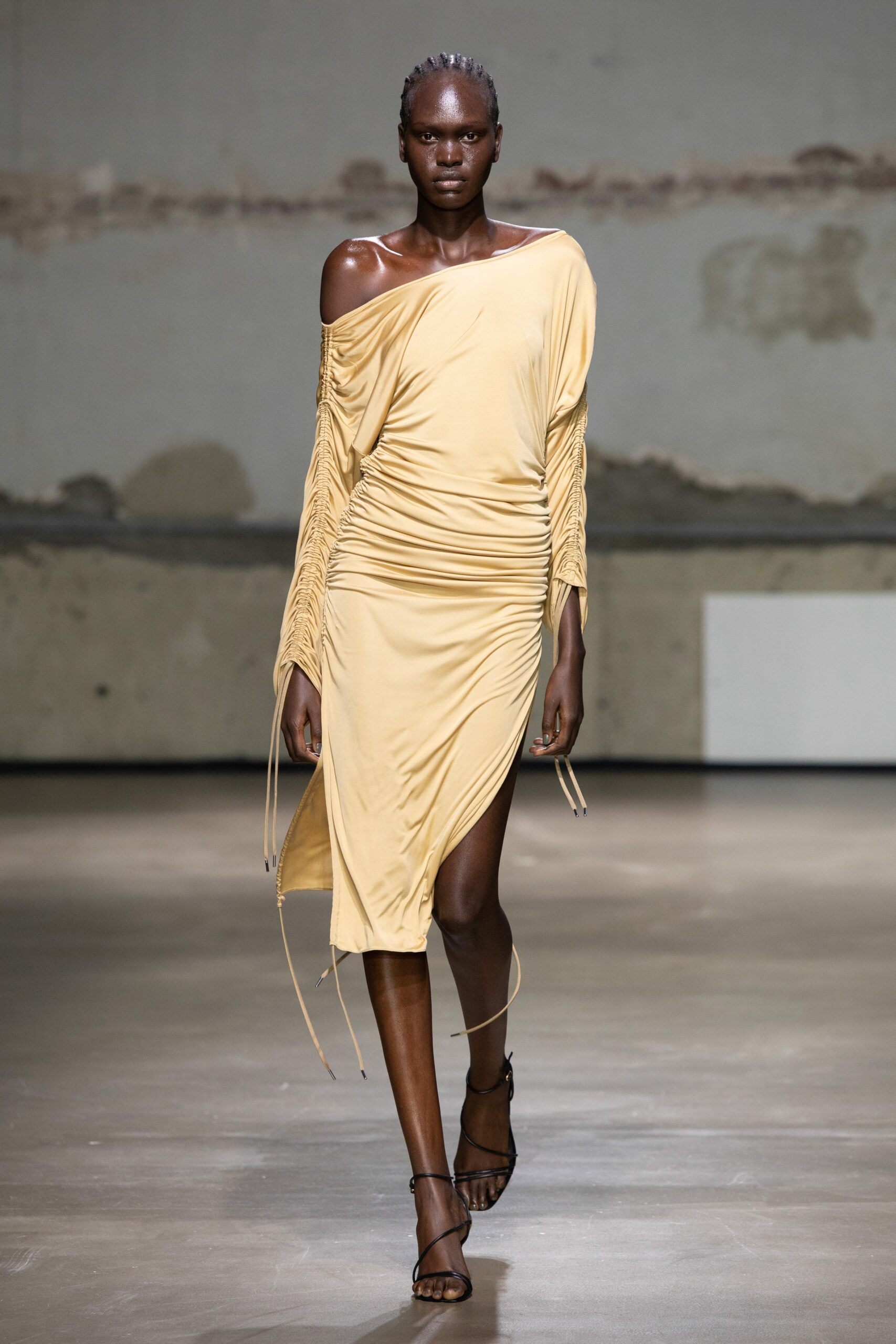 fitted yellow silk off-shoulder dress