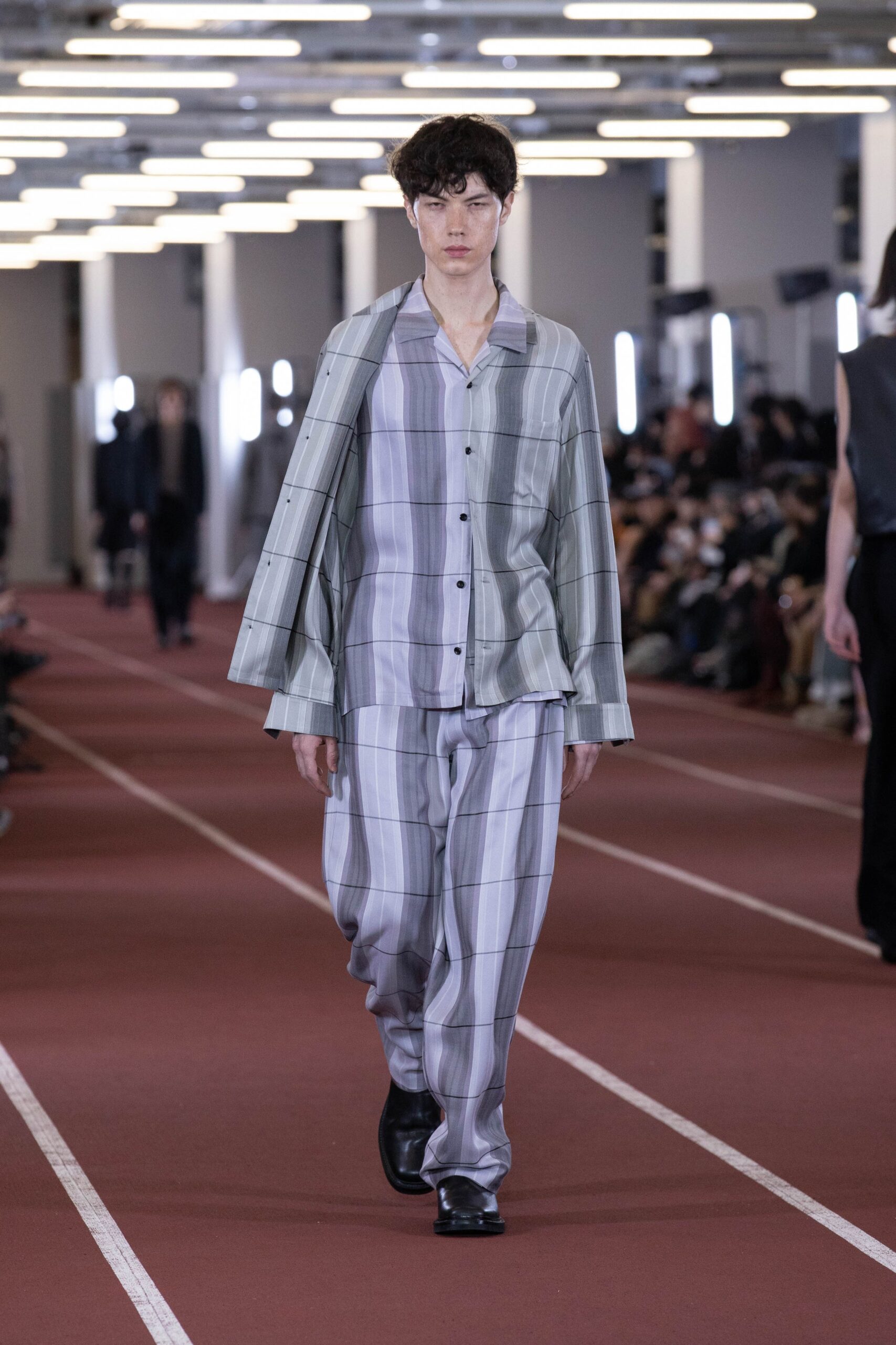 gray and white checked shirt and pants