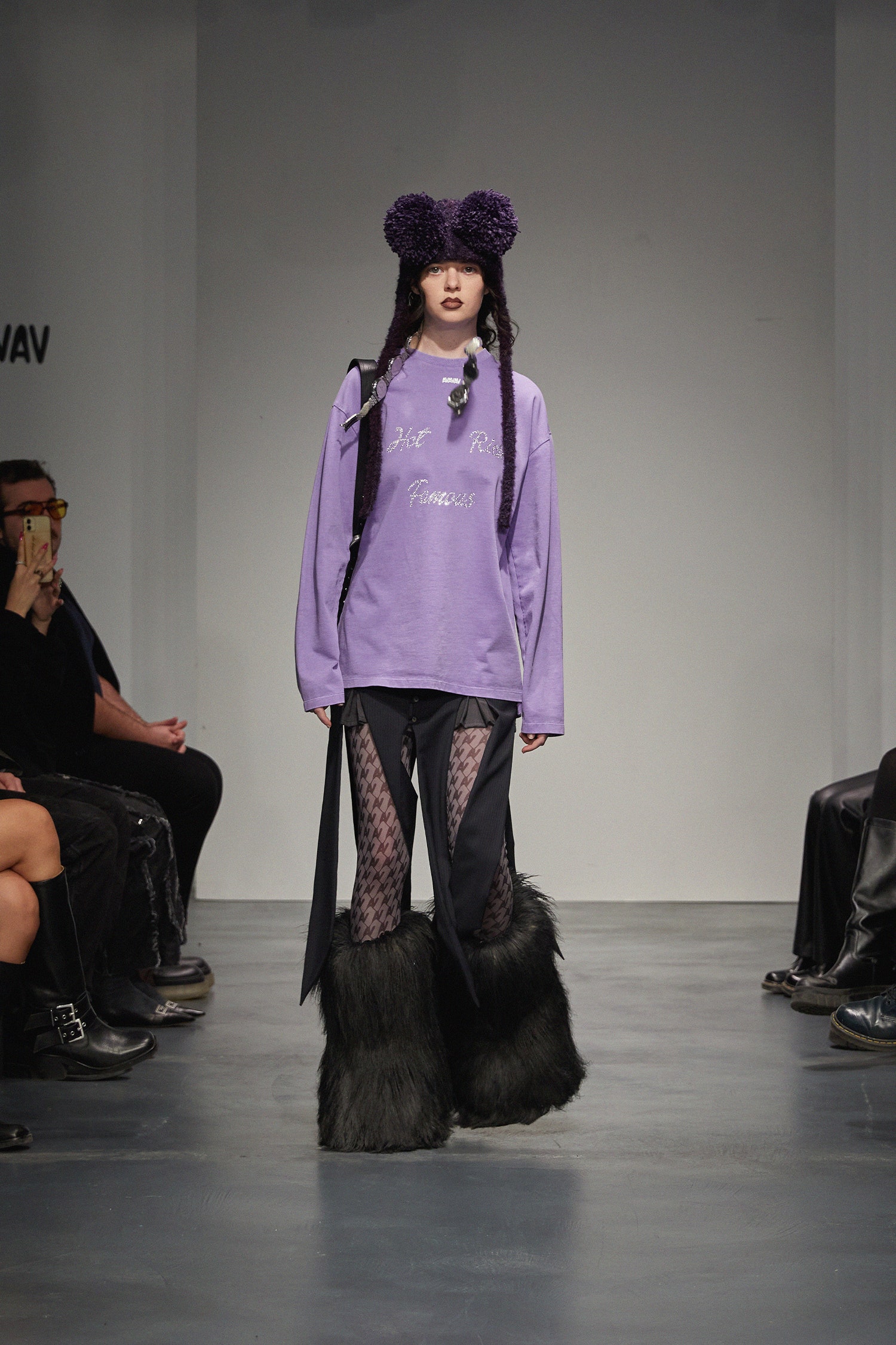 black faux-fur fitted high-waisted flared pants