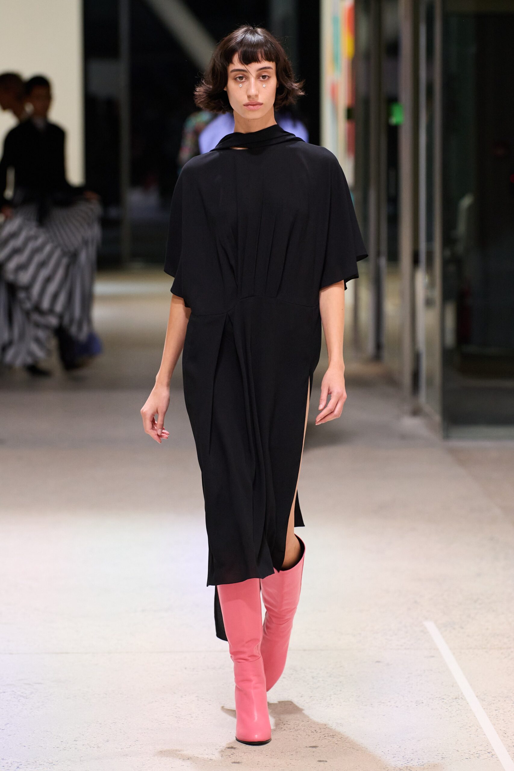 black midi dress with pink boots