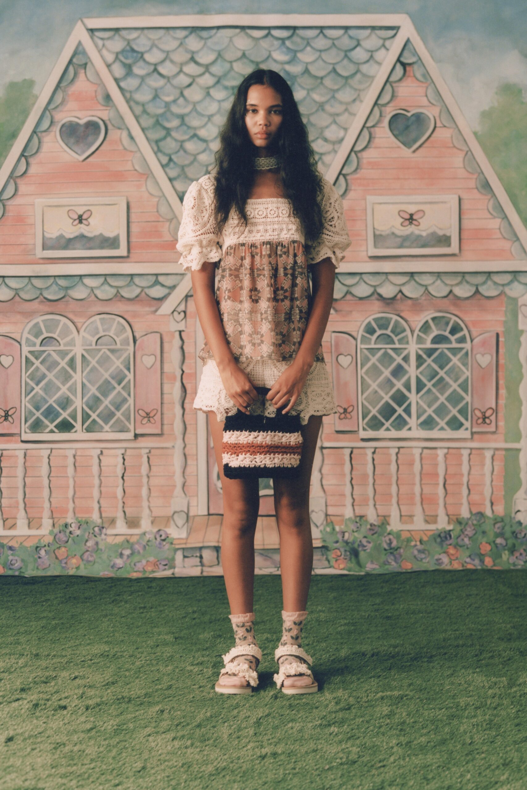 embroidered mini dress with woven bag