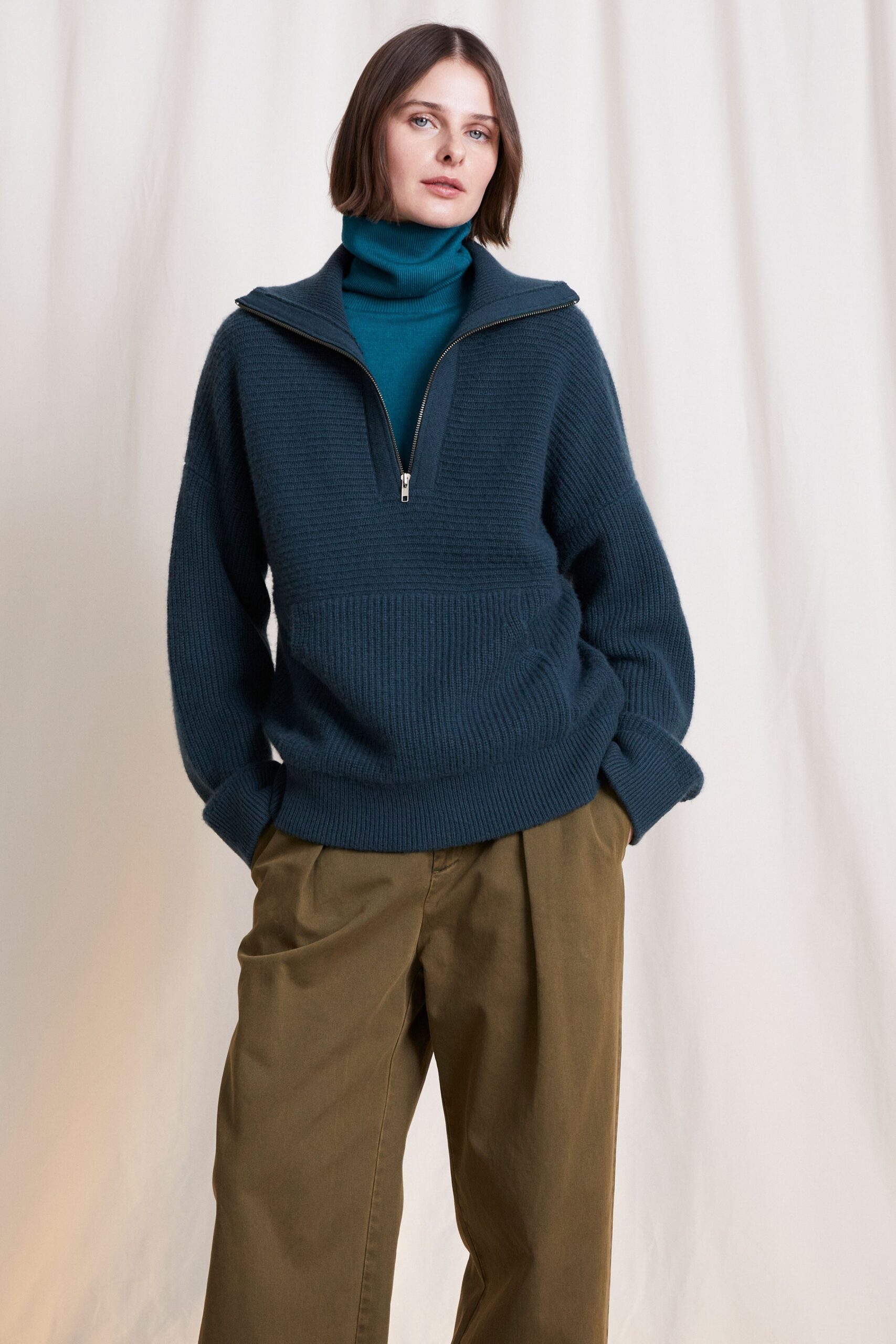 blue wool long-sleeve high-neck relaxed ribbed sweater
