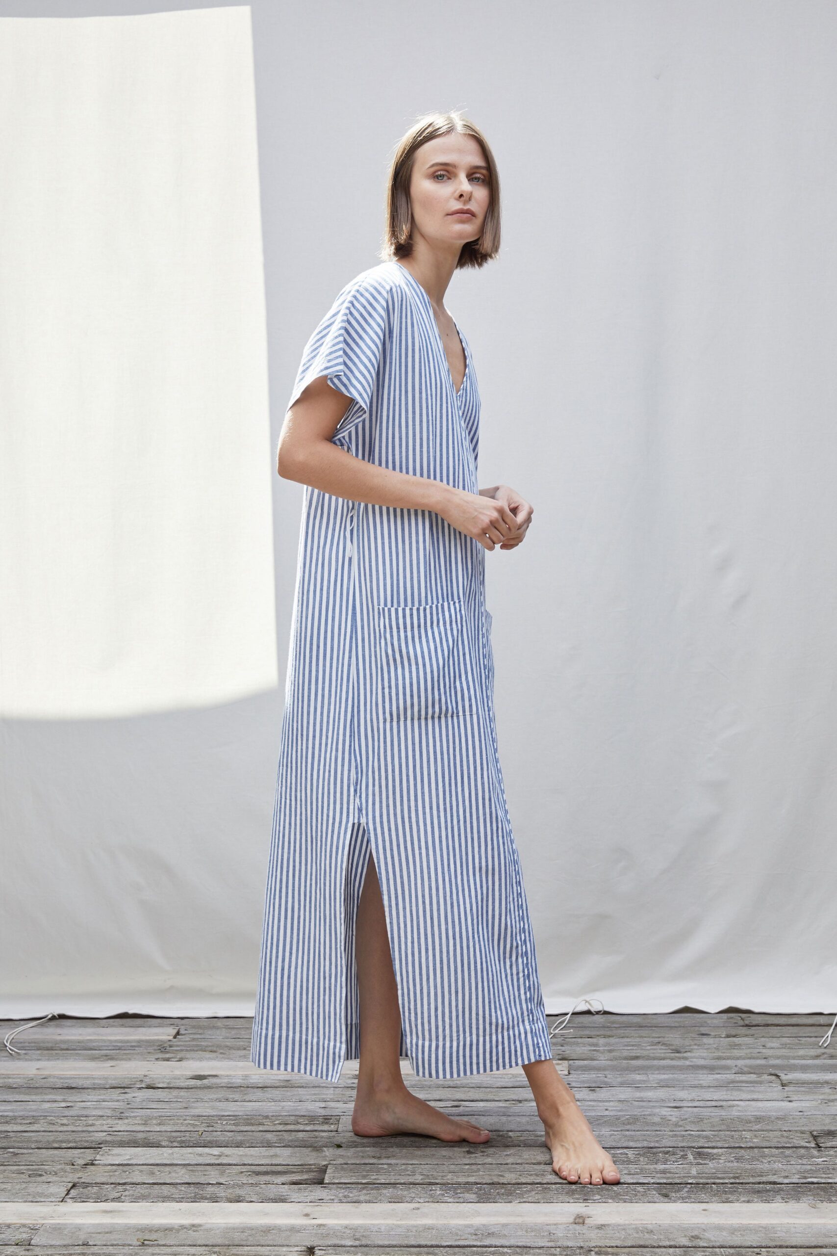 blue and white striped maxi dress