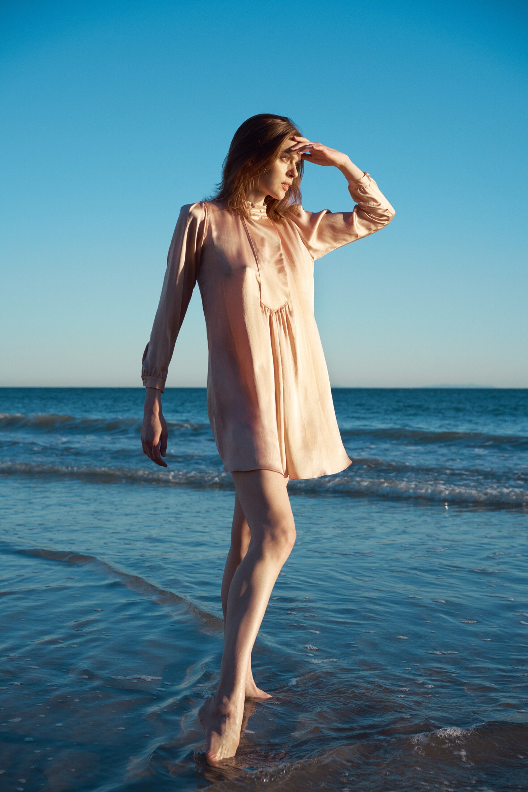 beige silk relaxed mini dress