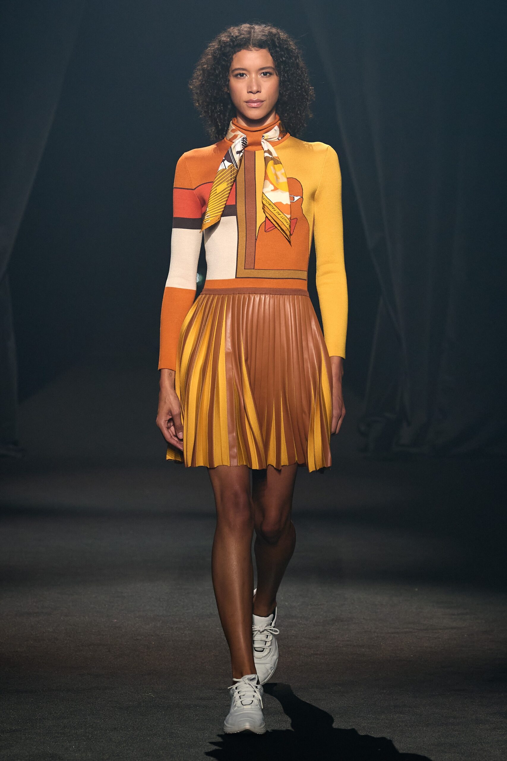 orange brown yellow pleated dress
