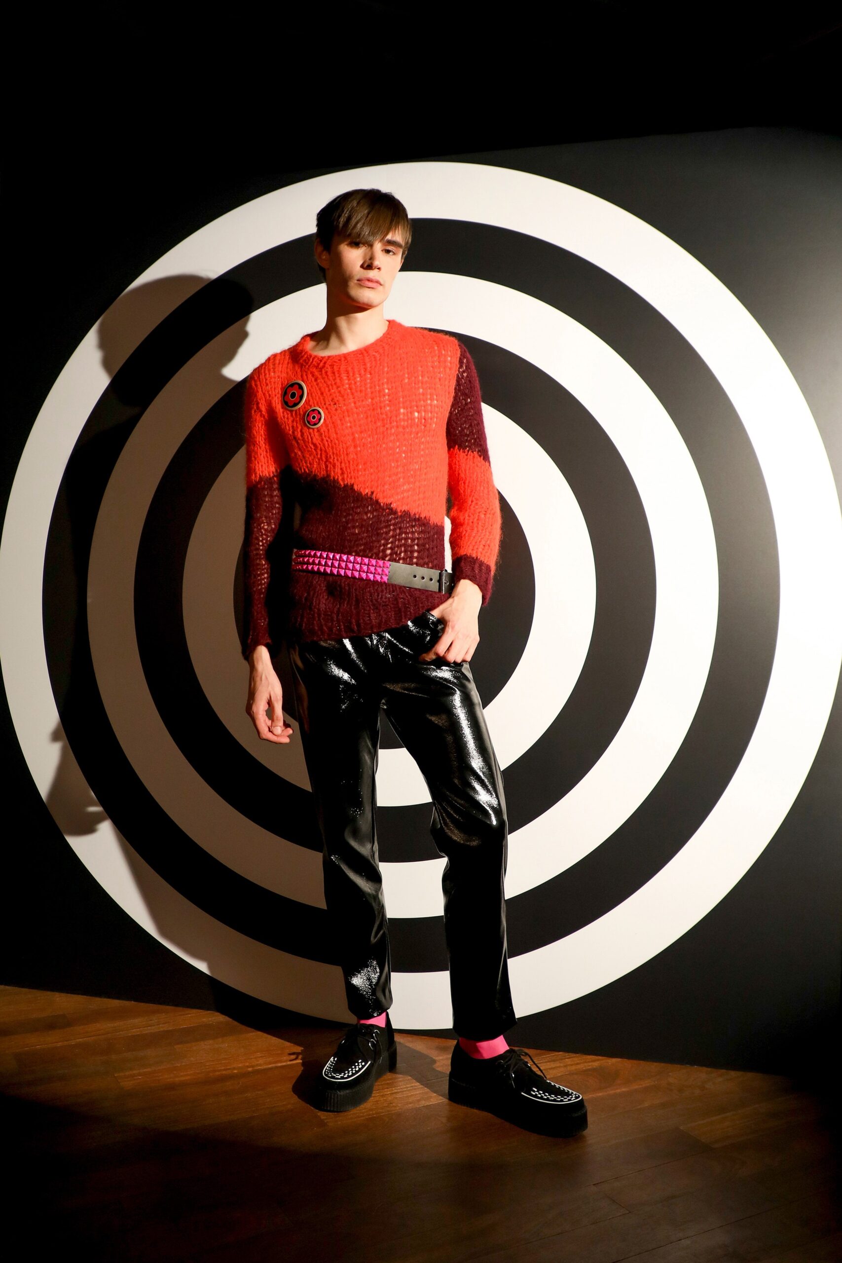 color-blocked wool sweater with leather pants