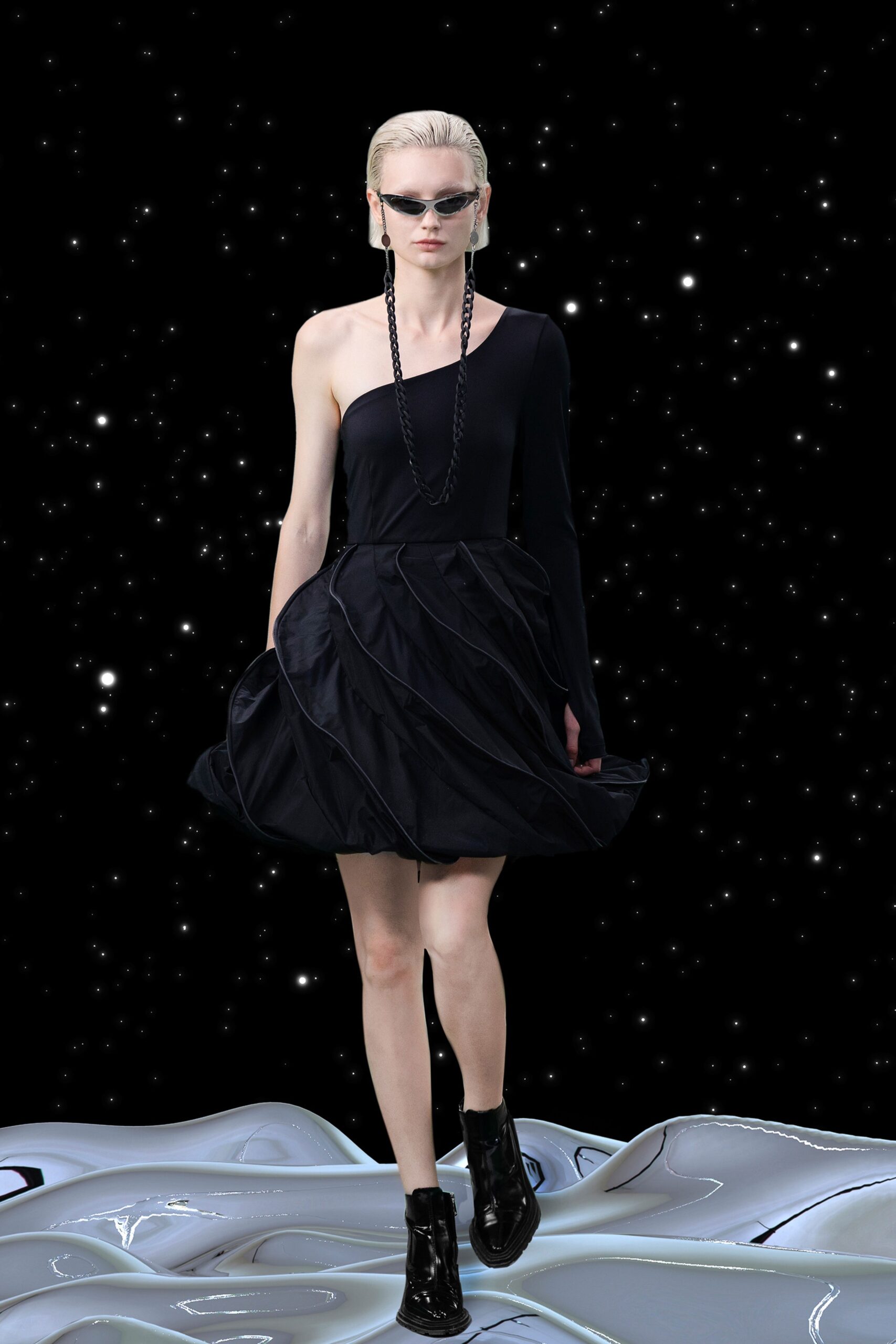 black asymmetric pleated dress