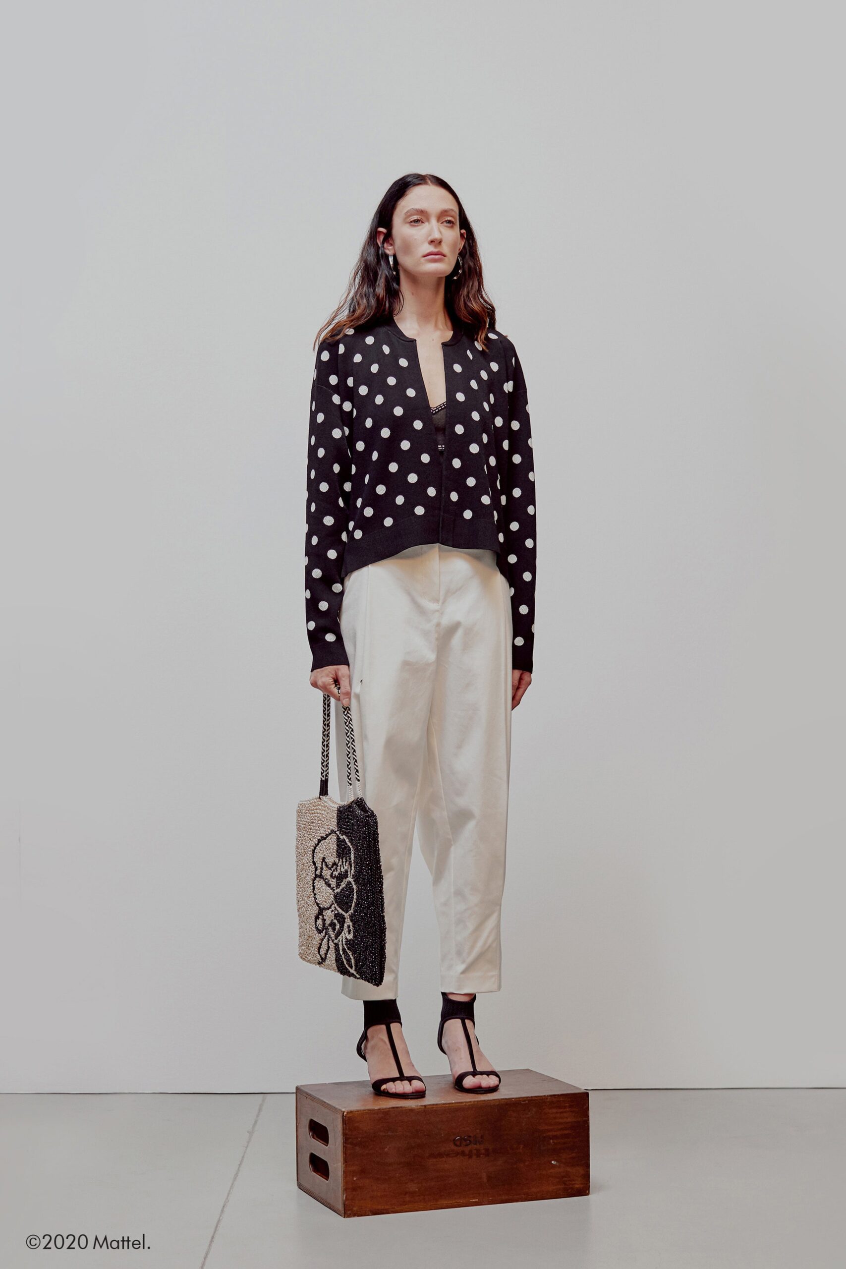 black and white polka-dot cardigan