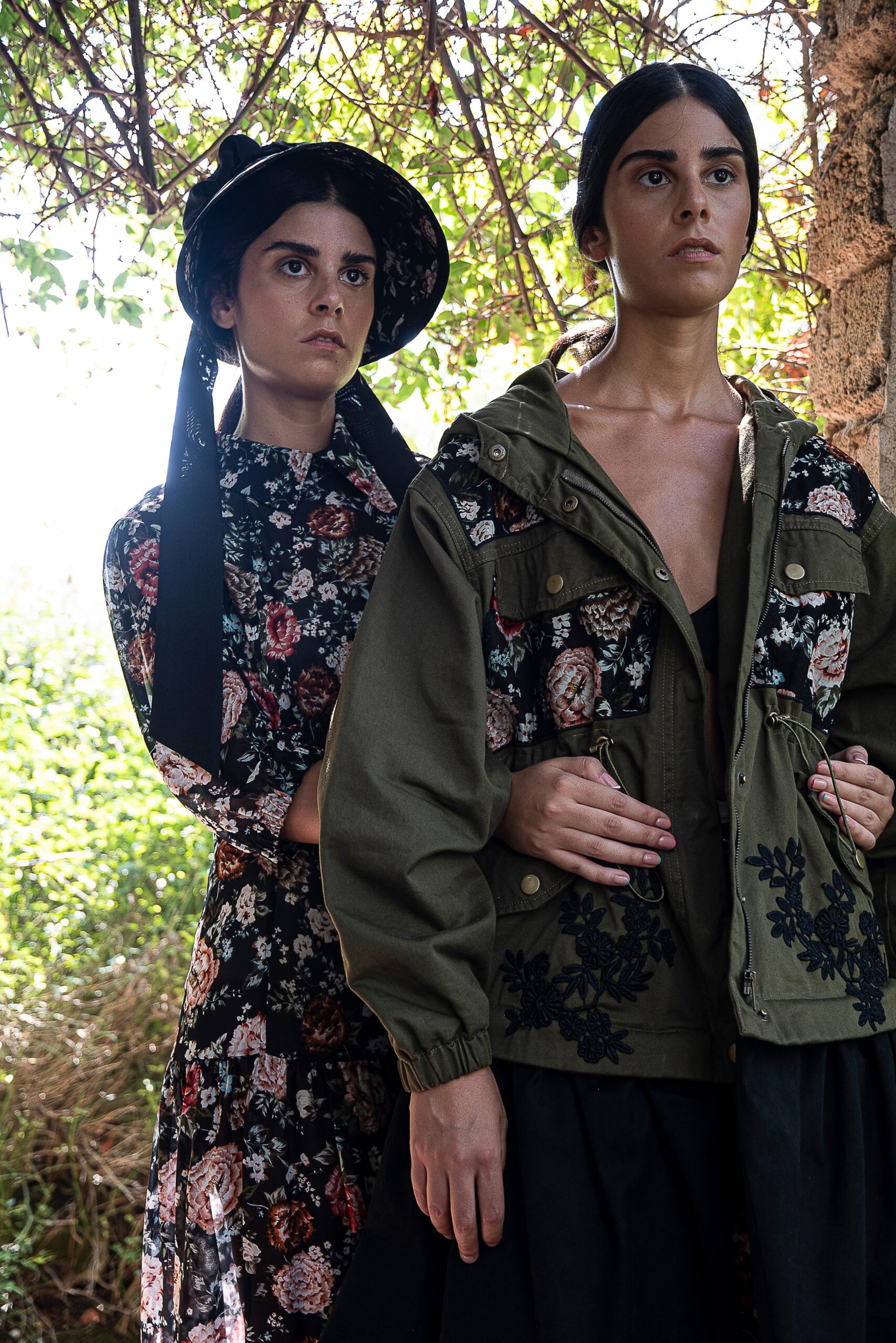 floral midi dress and green jacket