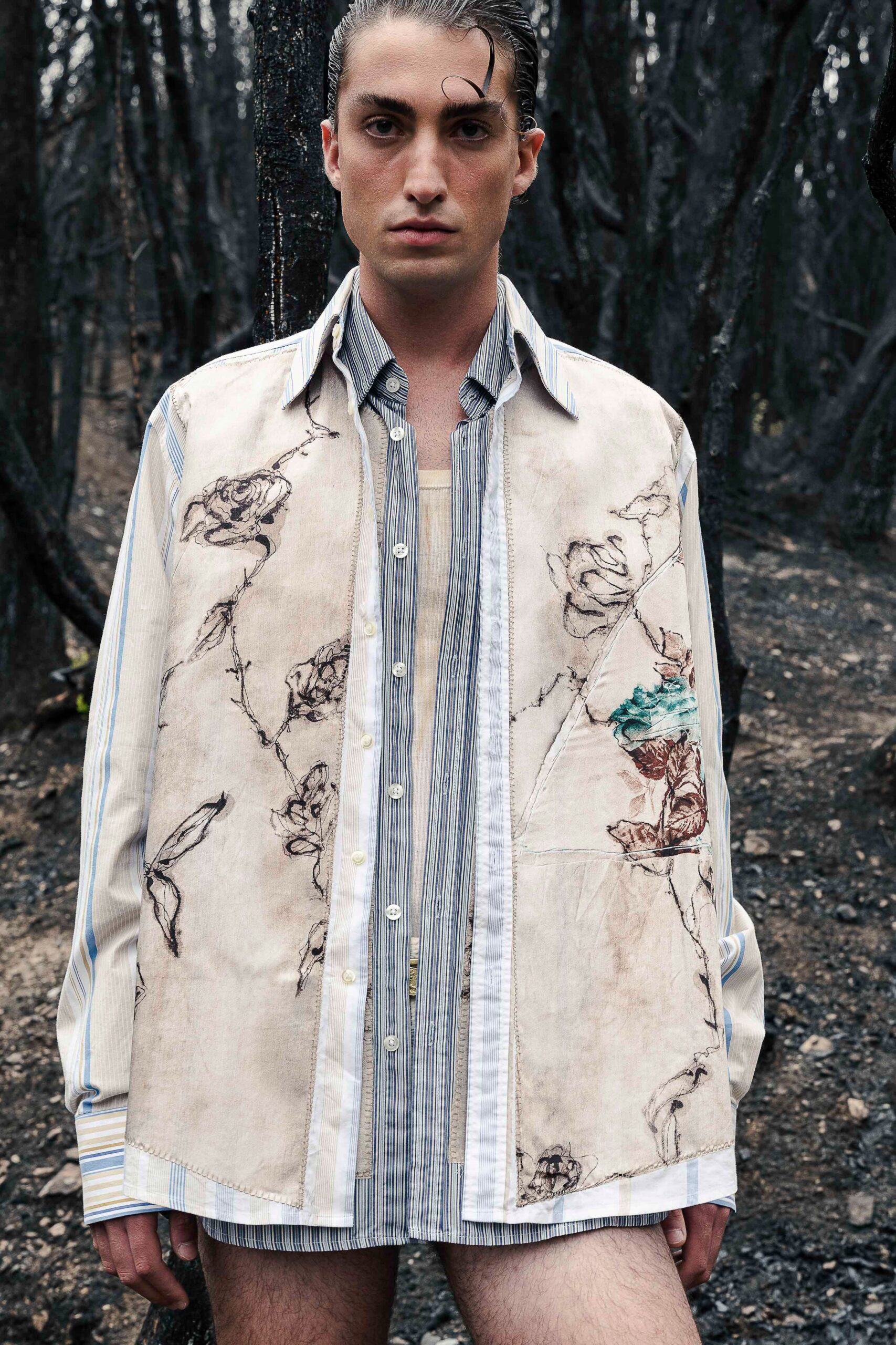 beige printed relaxed shirt with blue accents
