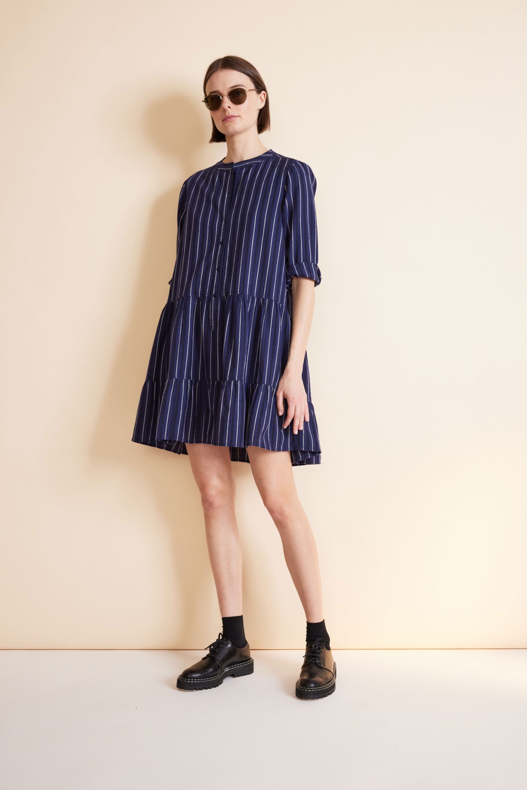 navy and white striped mini dress