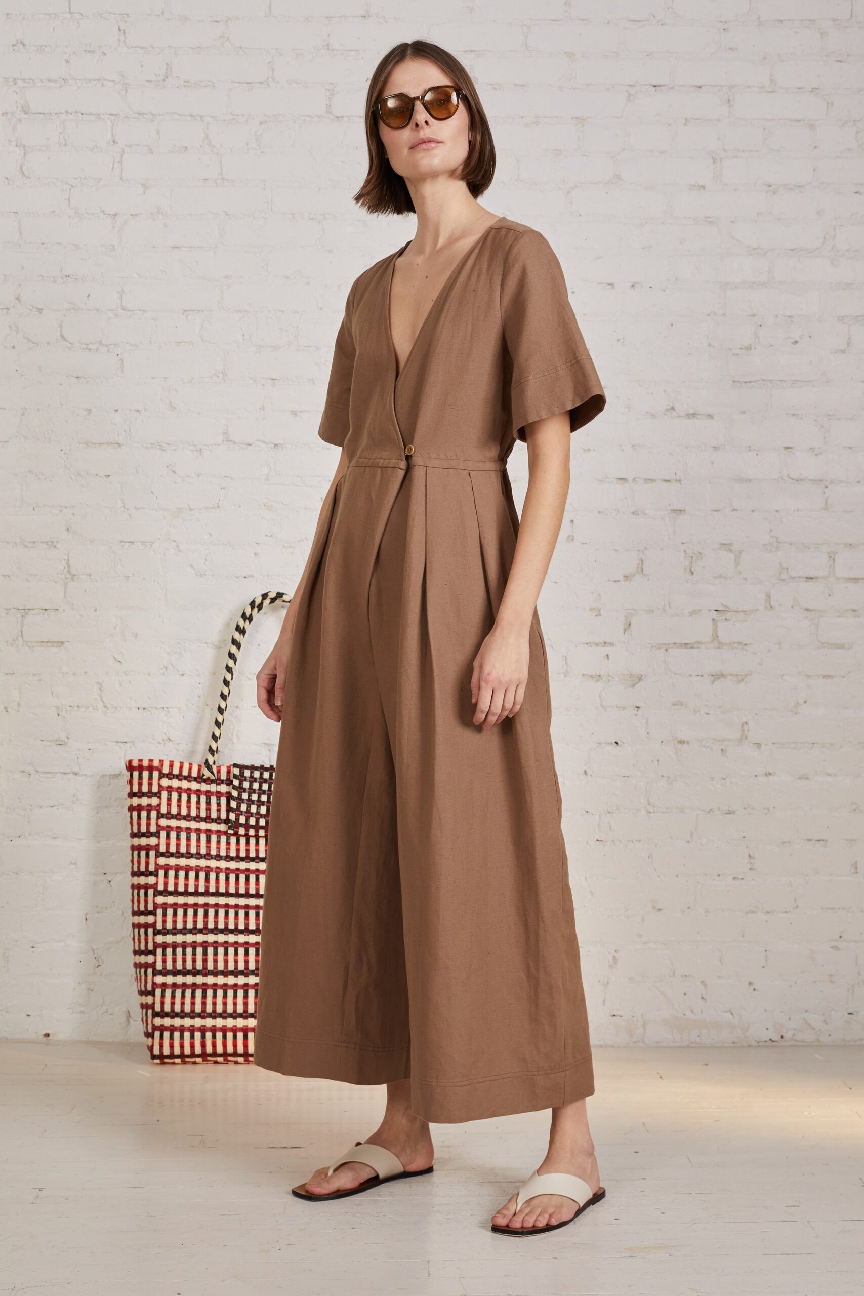 brown cotton relaxed jumpsuit