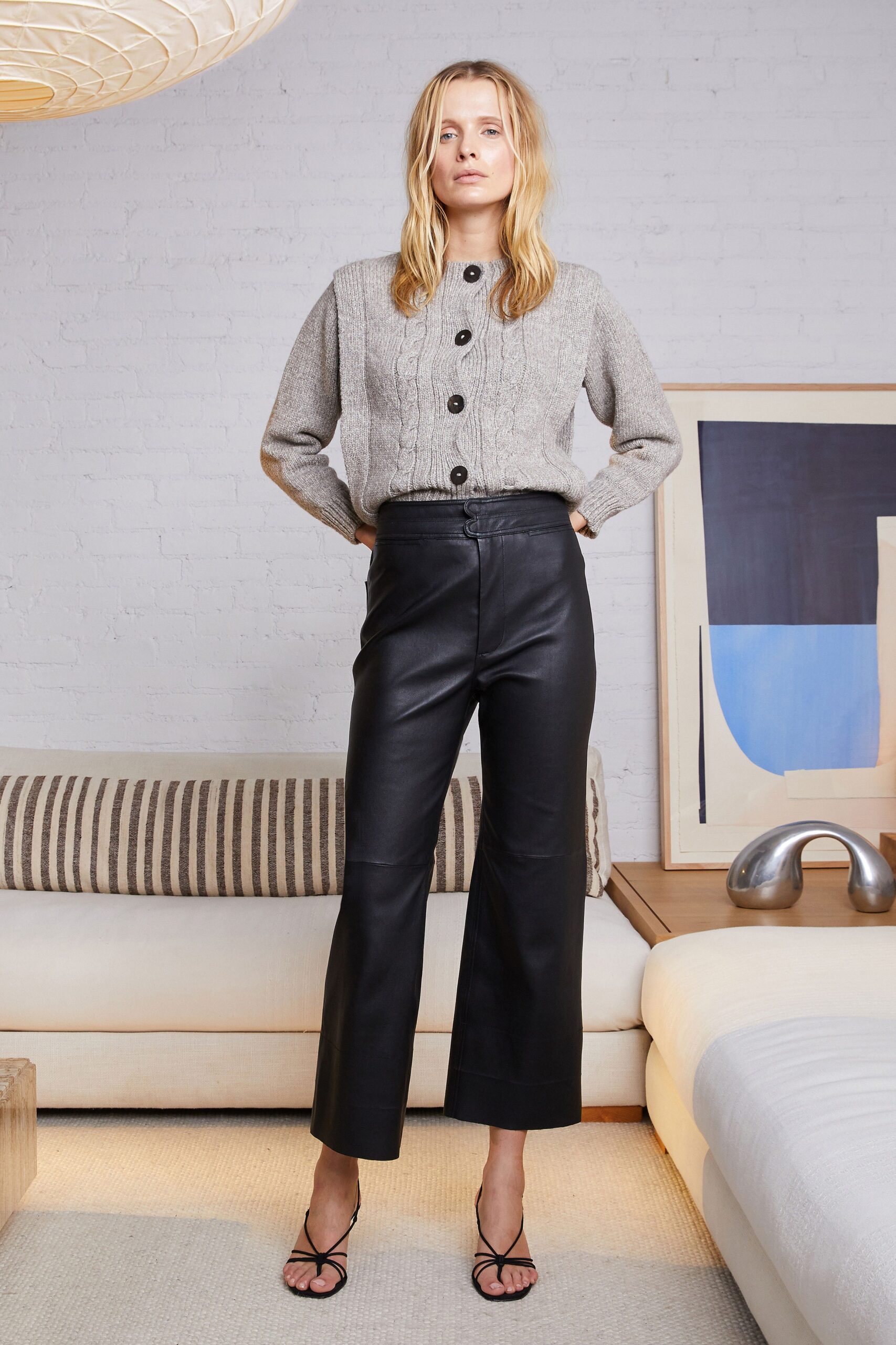 gray wool cardigan and black leather pants