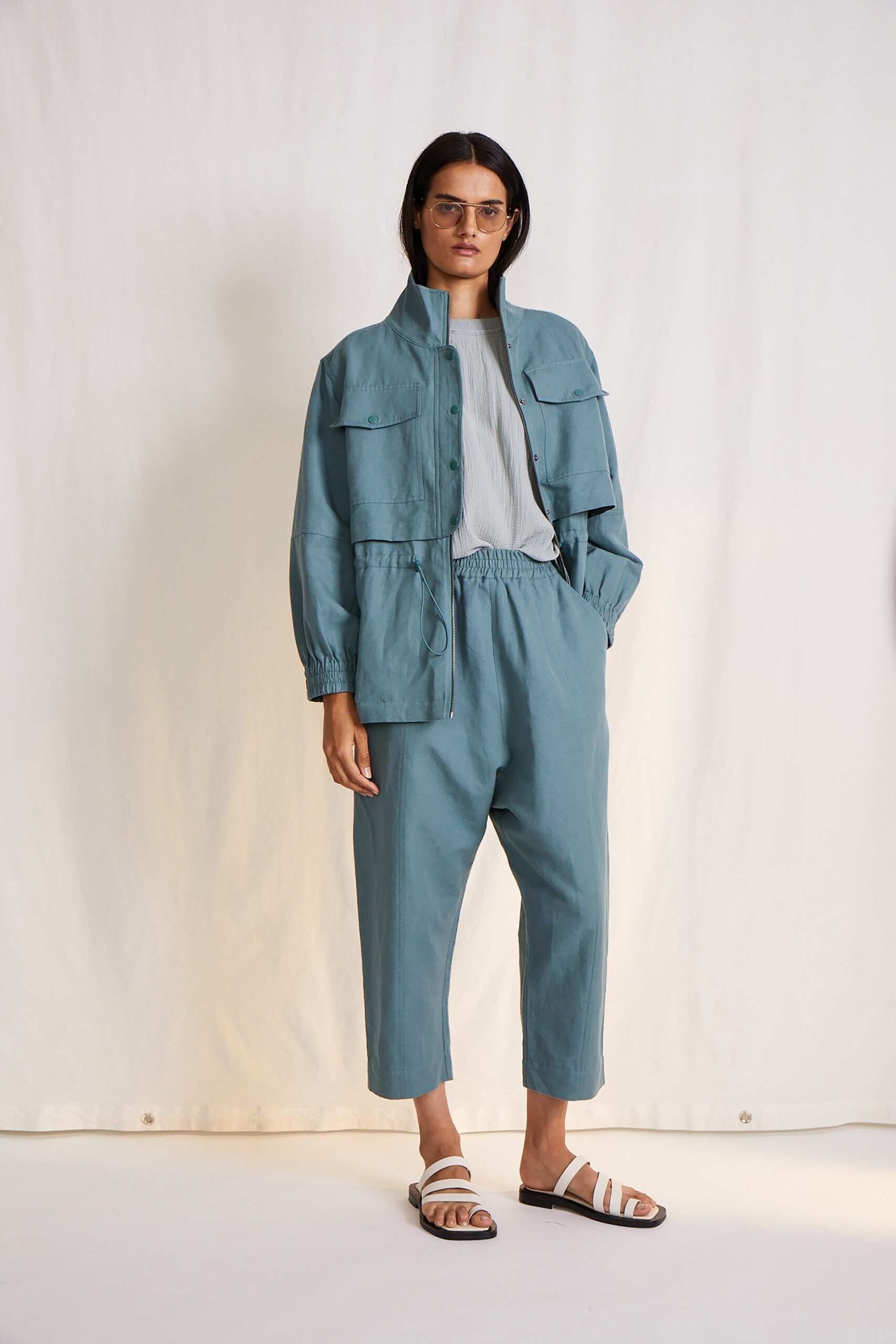 blue relaxed jacket with gray top