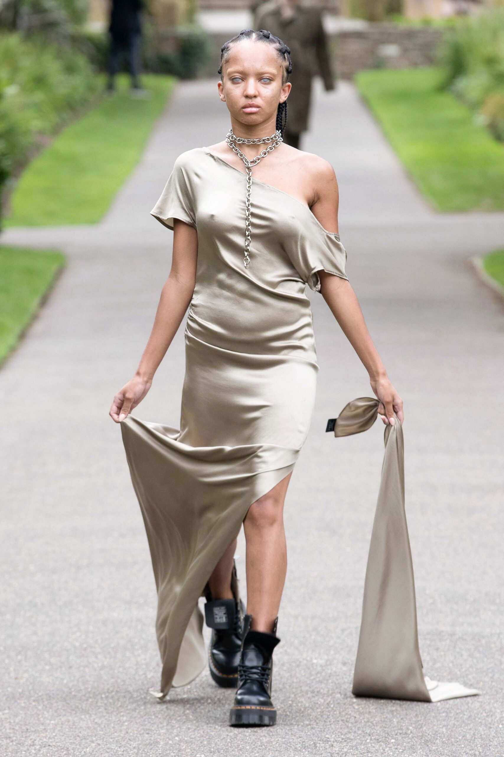 beige silk off-shoulder dress
