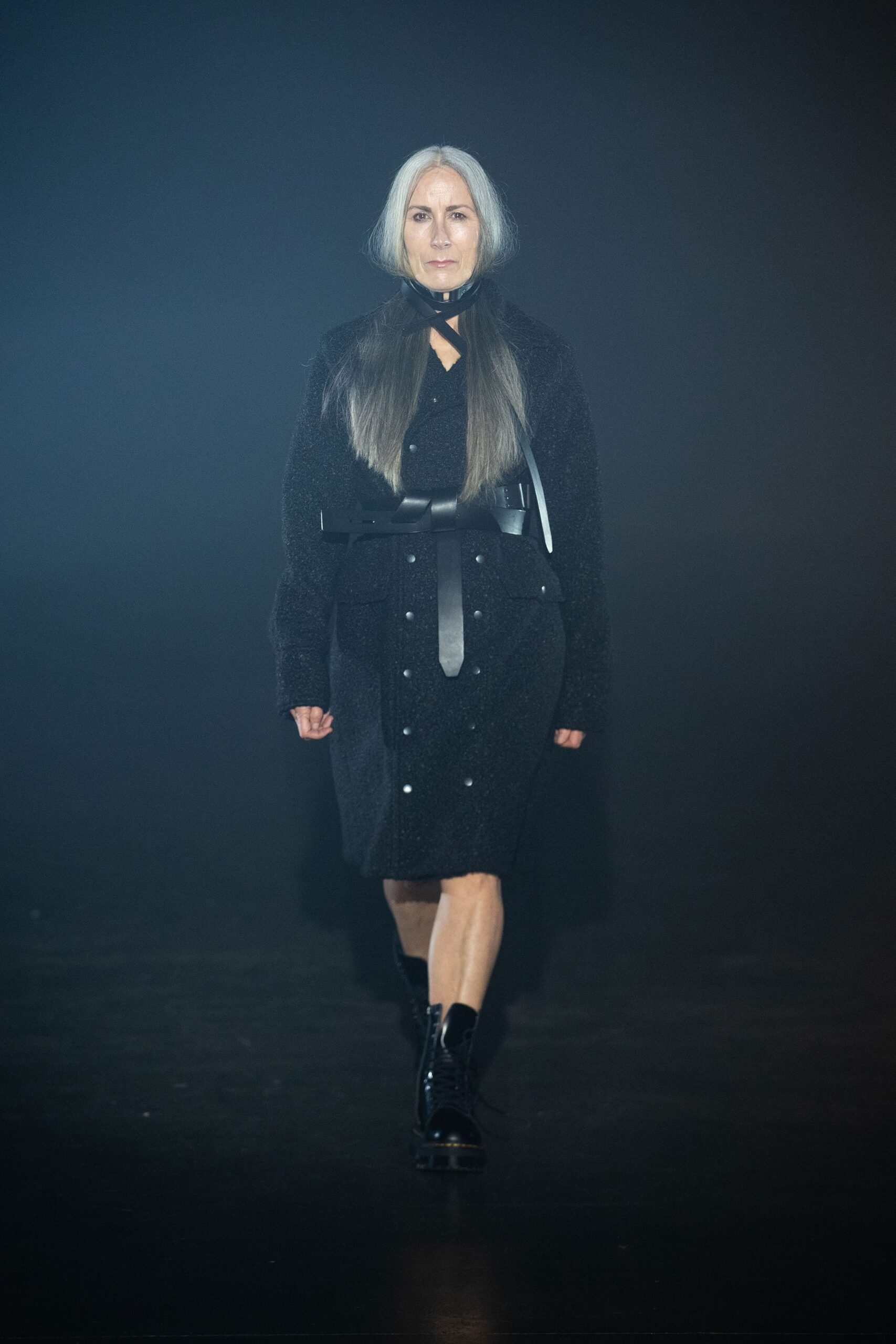 black wool midi dress with boots