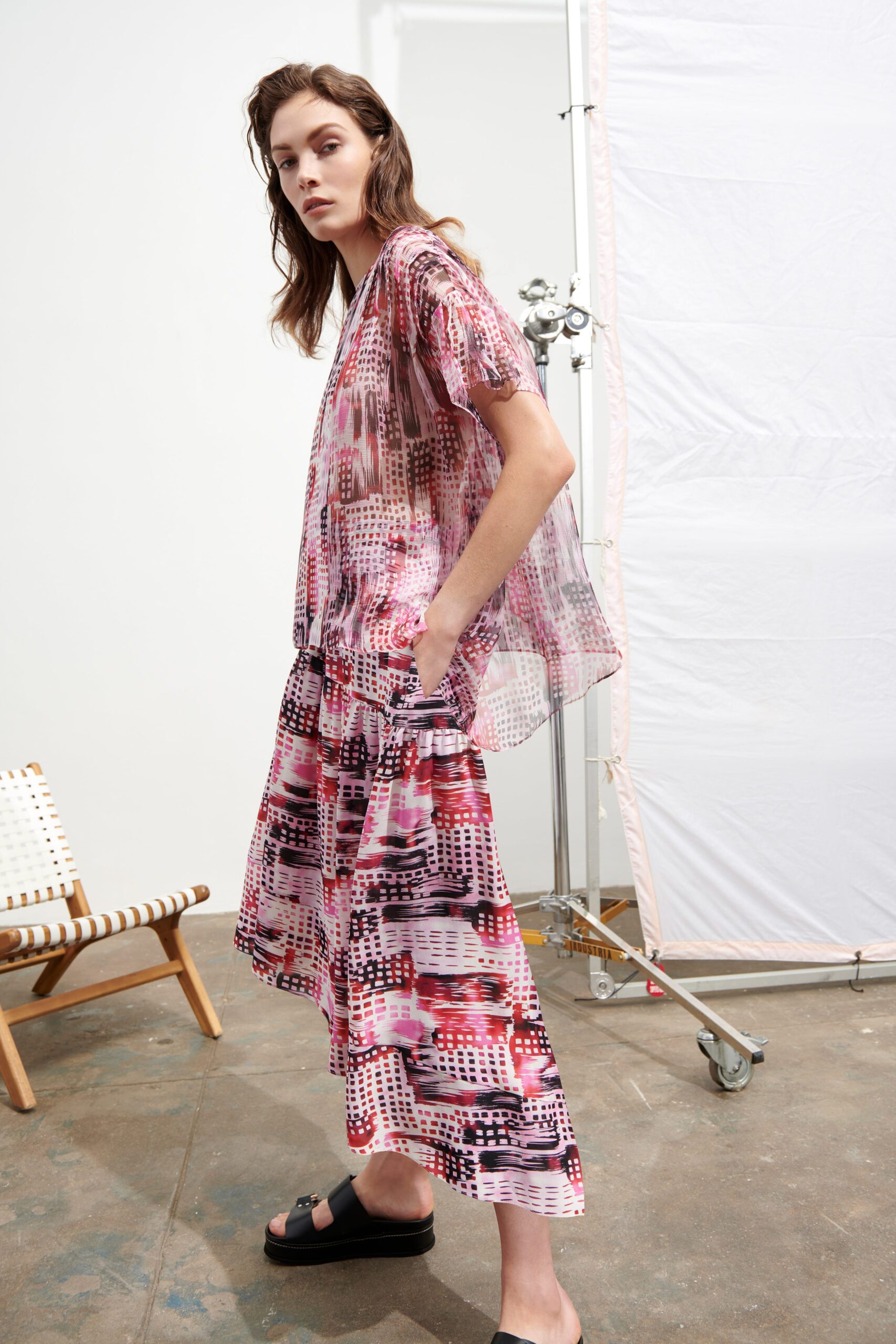 pink printed midi dress