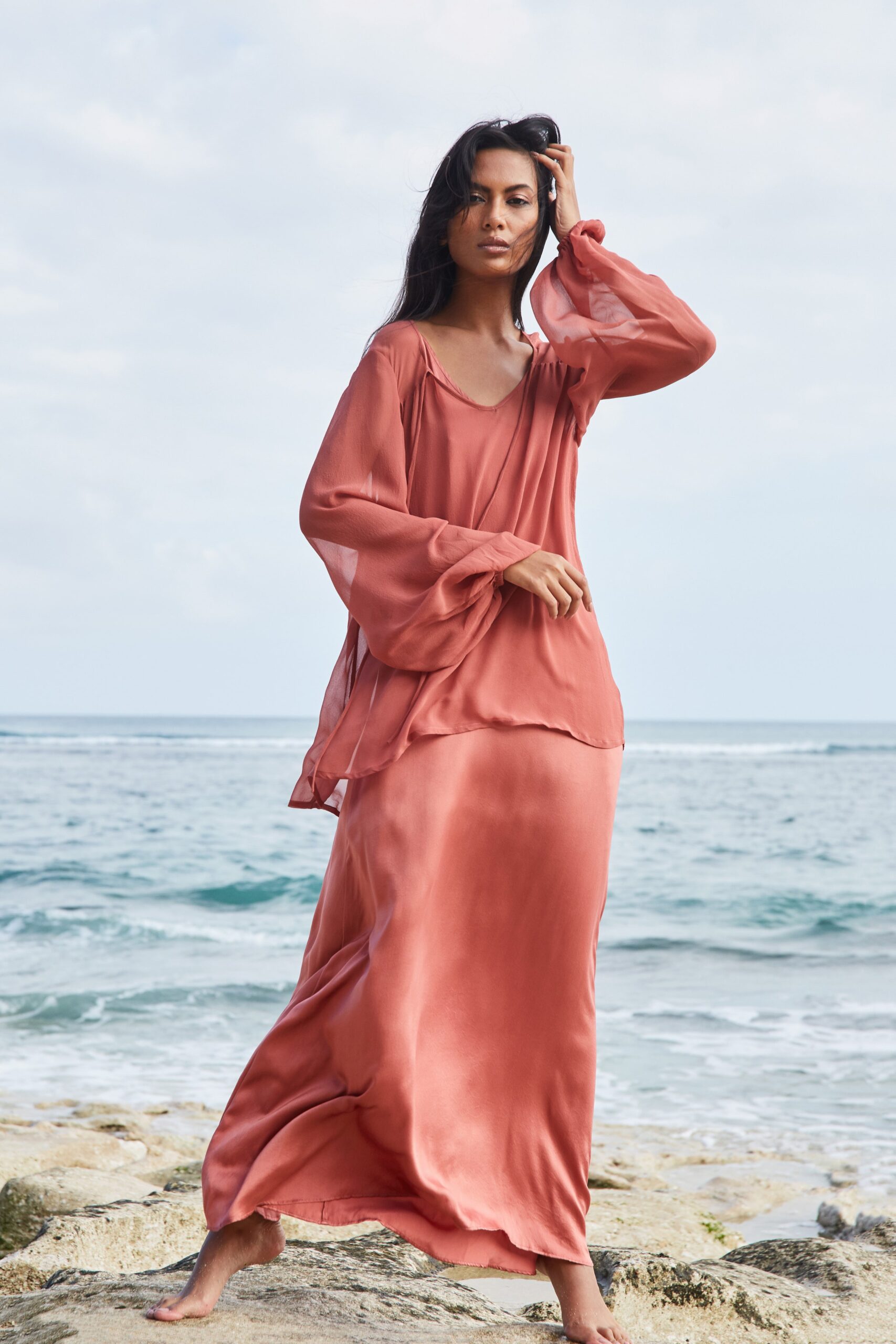 coral silk maxi dress