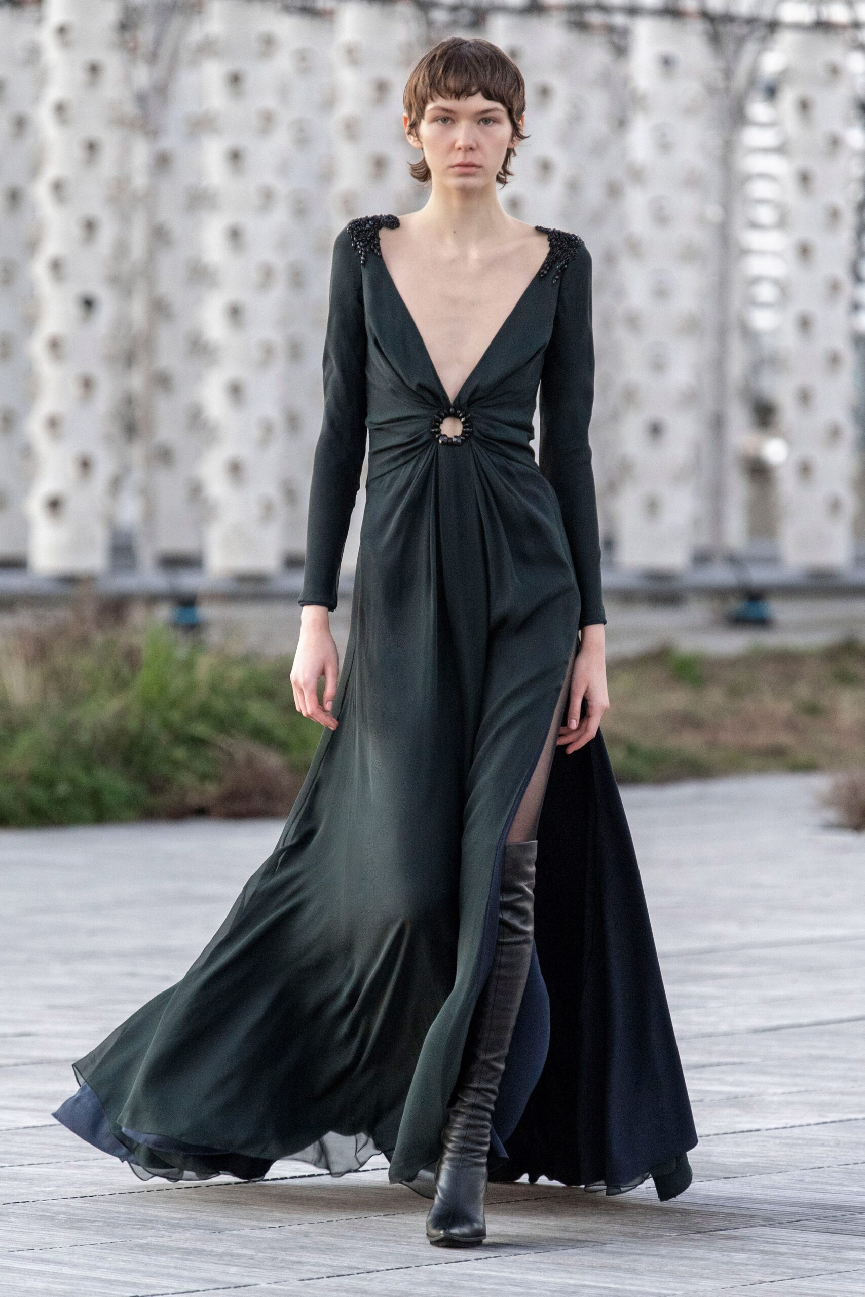 black silk fitted gown
