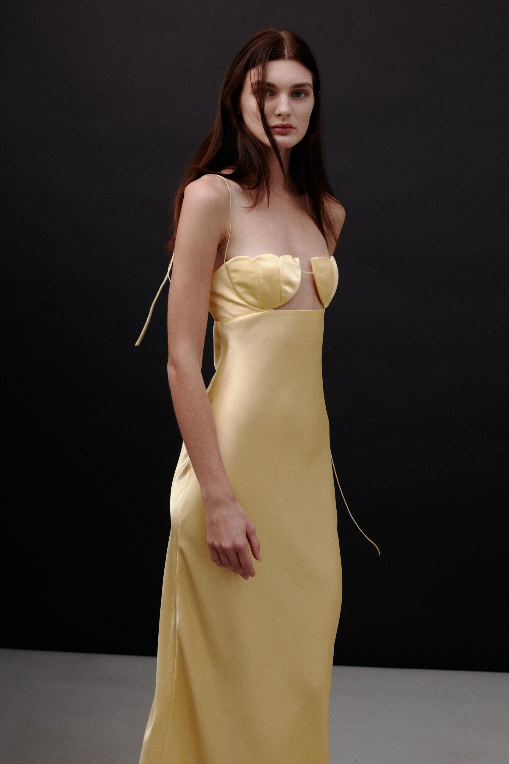 fitted yellow silk gown