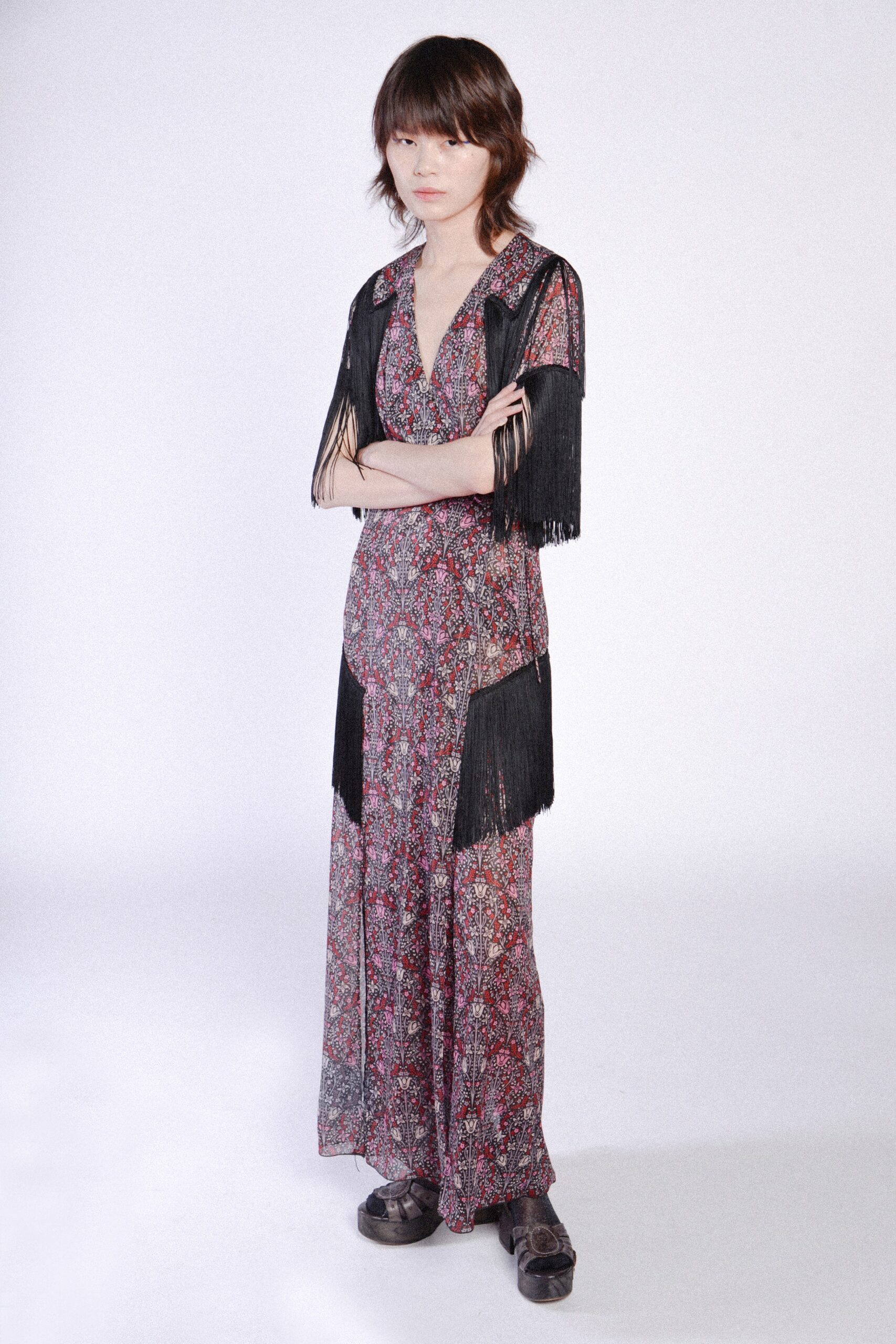 black red purple fringed maxi dress