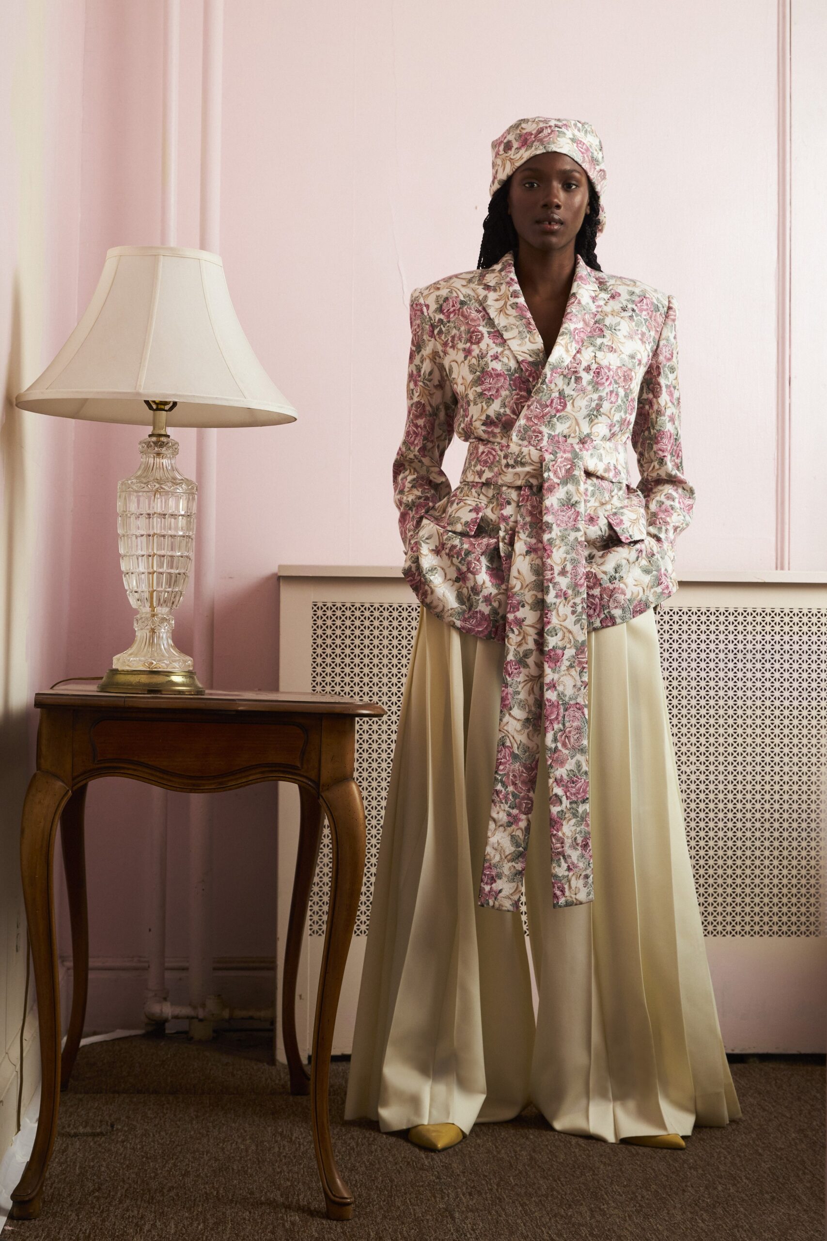 floral blazer with wide-leg pants